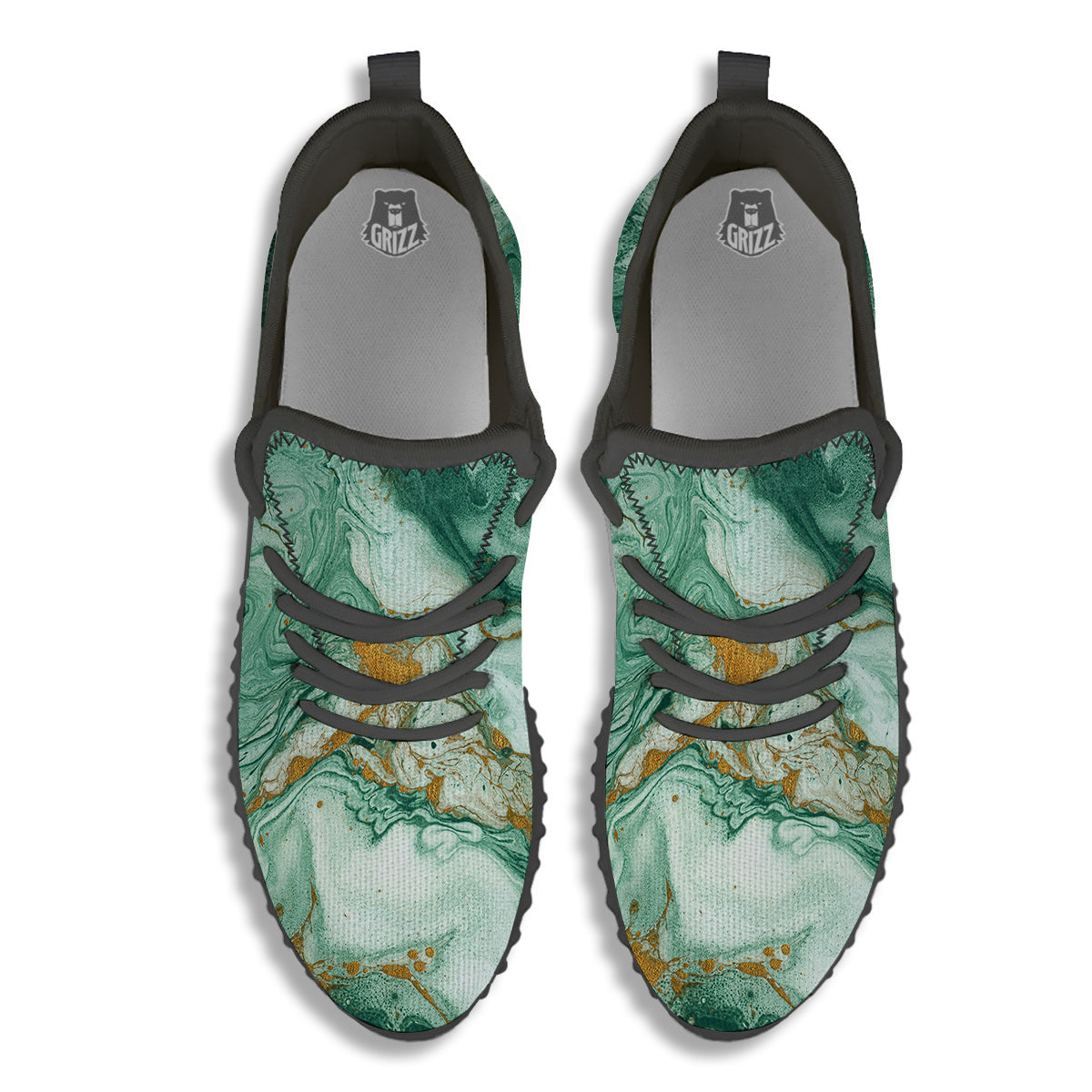 Golden And Green Marble Textue Print Black Walking Shoes-grizzshop