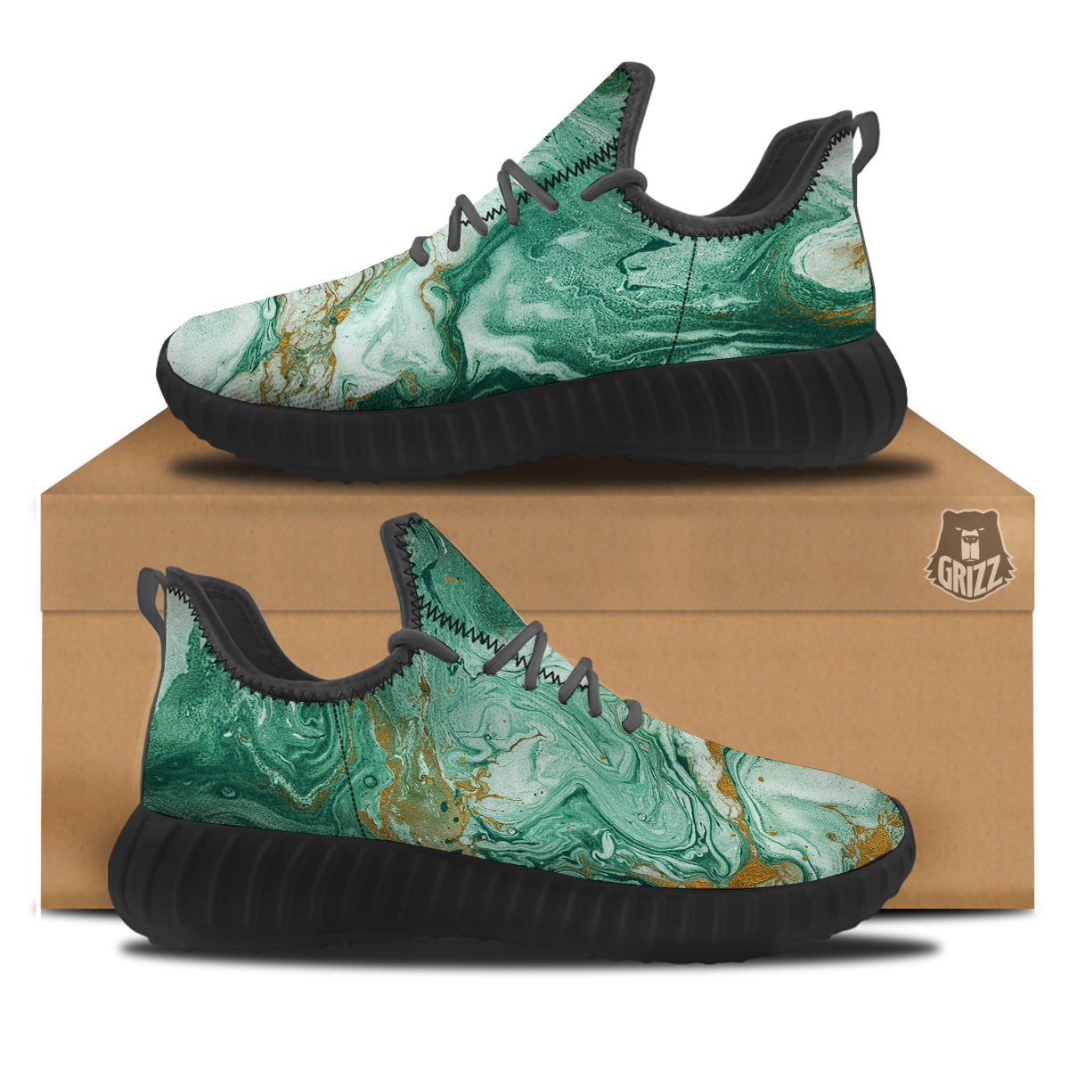 Golden And Green Marble Textue Print Black Walking Shoes-grizzshop