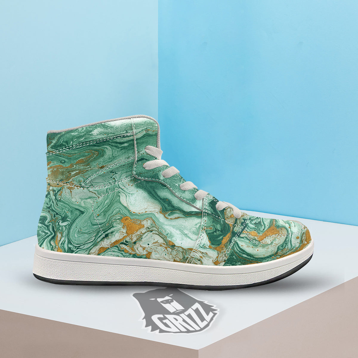 Golden And Green Marble Textue Print High Top Sneakers-grizzshop