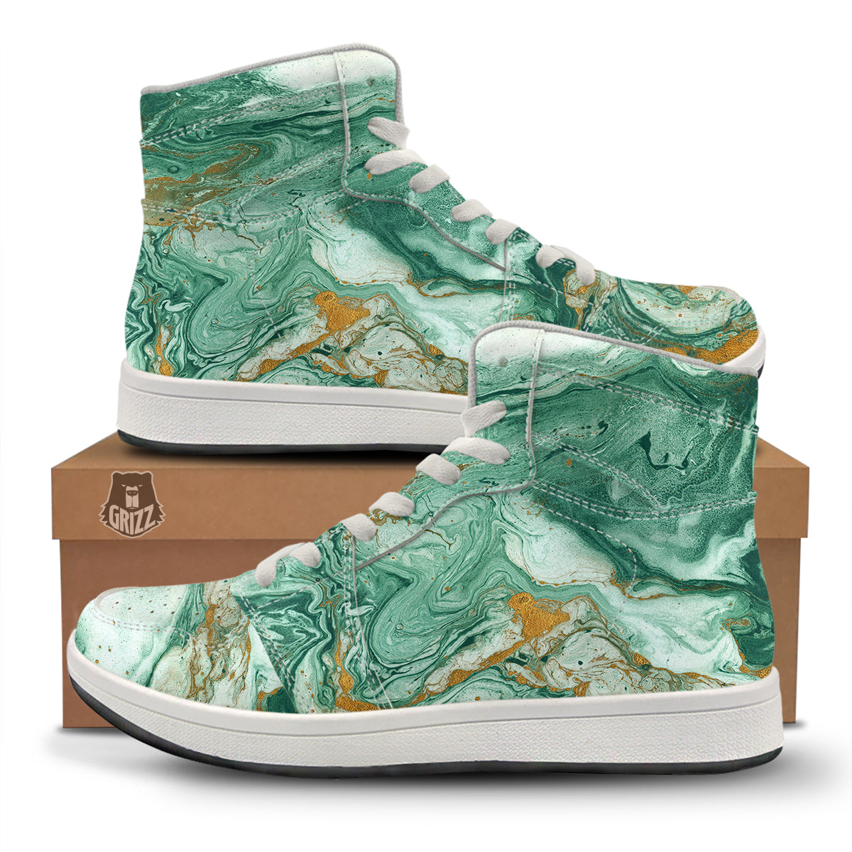 Golden And Green Marble Textue Print High Top Sneakers-grizzshop