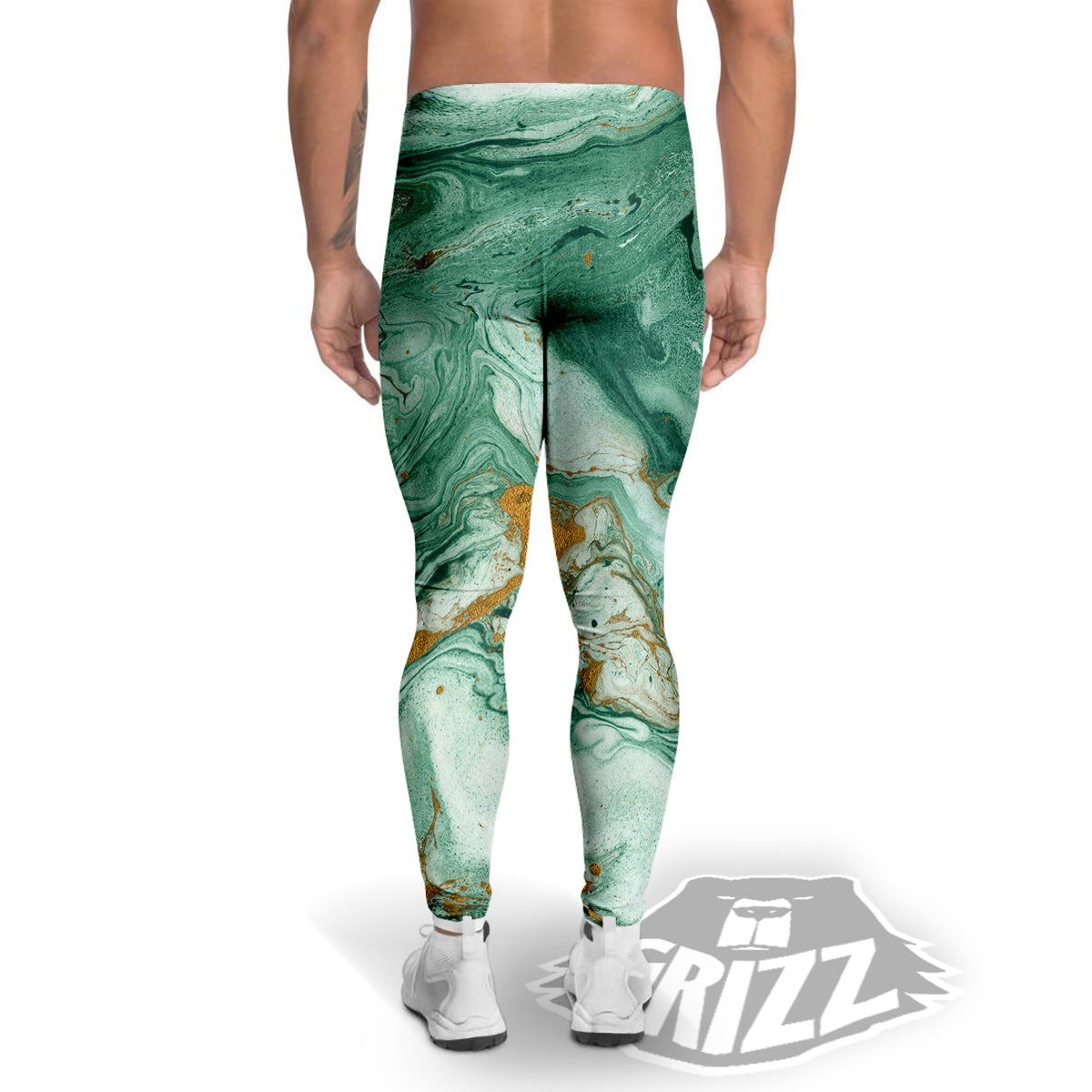 Golden And Green Marble Textue Print Men's Leggings-grizzshop