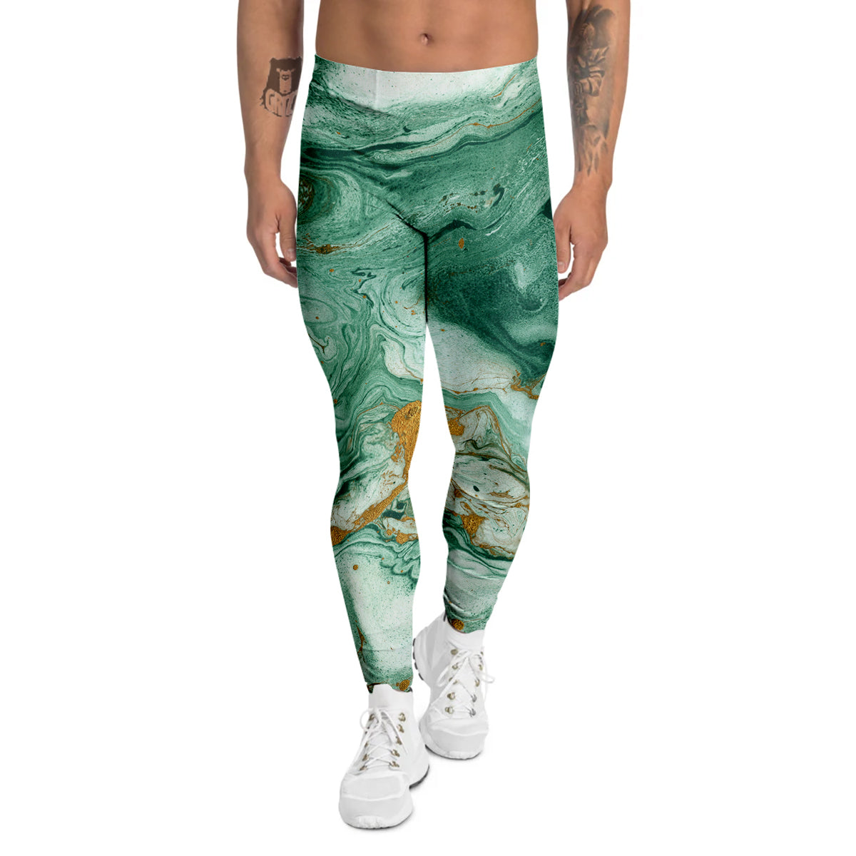 Golden And Green Marble Textue Print Men's Leggings-grizzshop