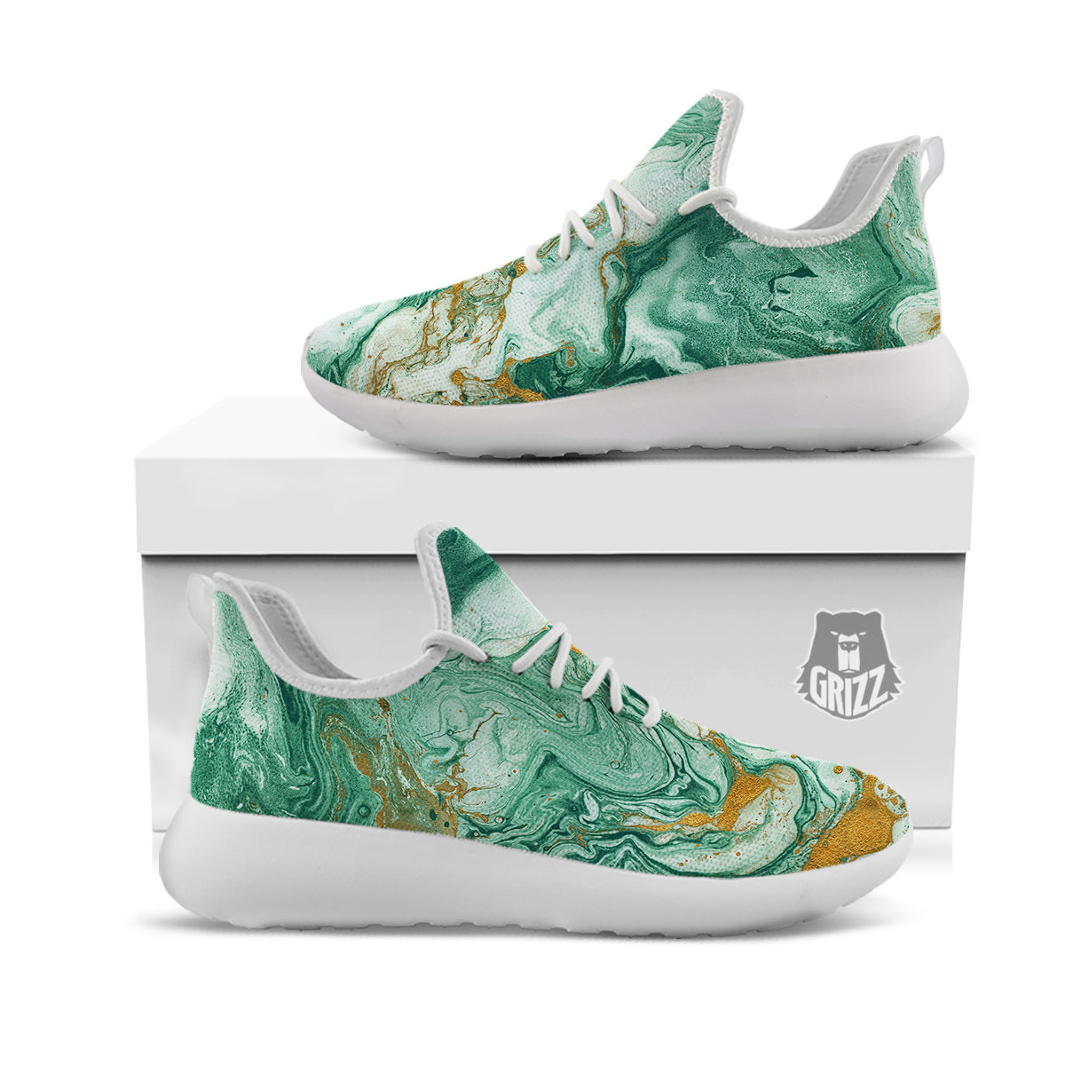 Golden And Green Marble Textue Print White Athletic Shoes-grizzshop