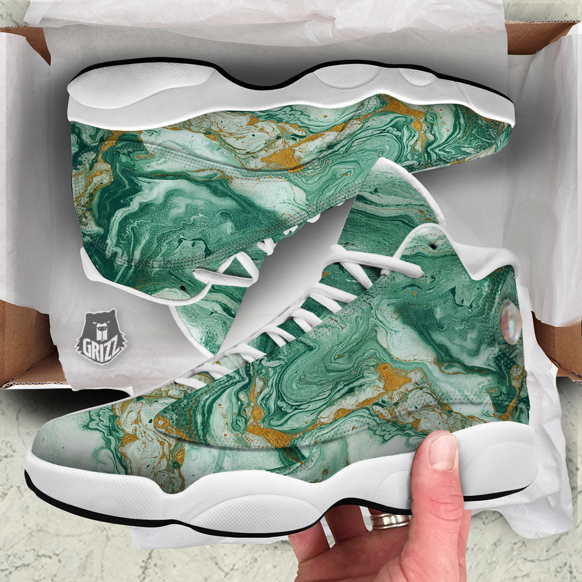Golden And Green Marble Textue Print White Basketball Shoes-grizzshop
