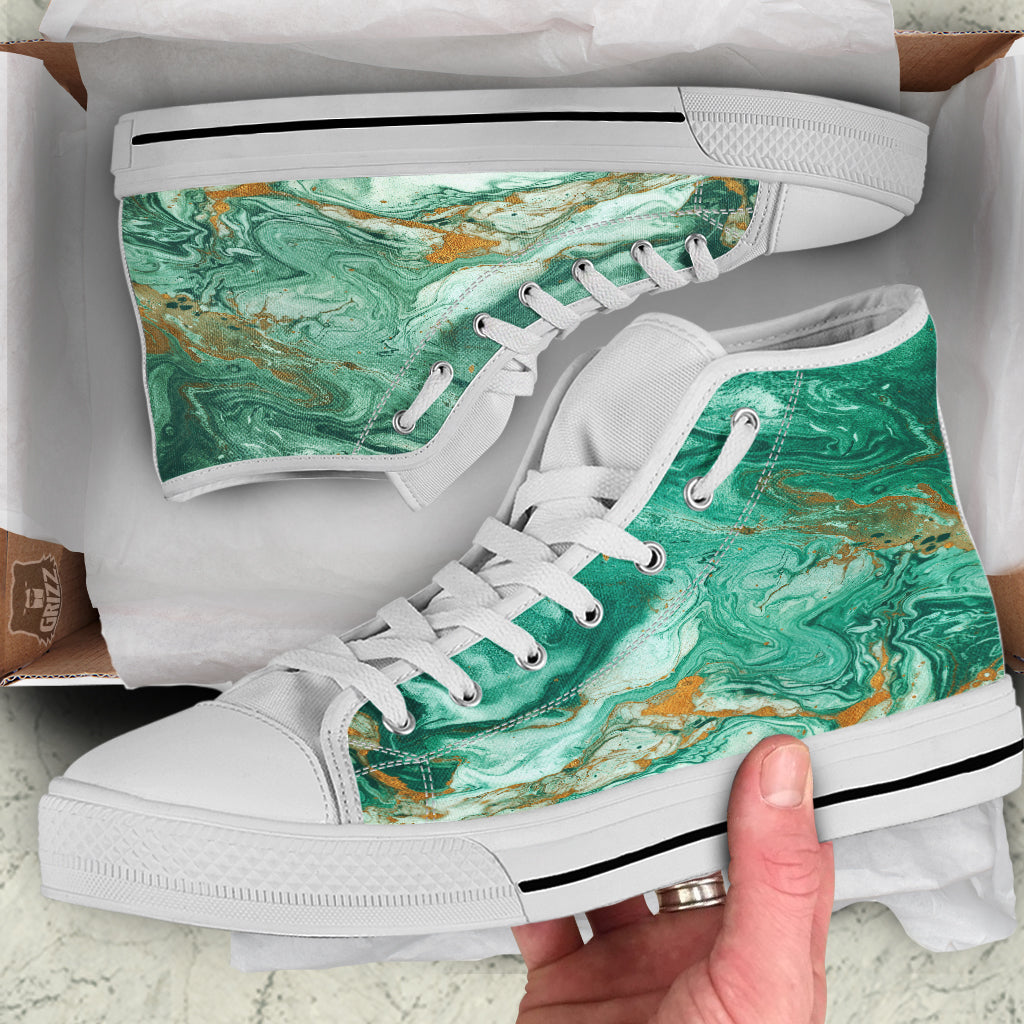 Golden And Green Marble Textue Print White High Top Shoes-grizzshop