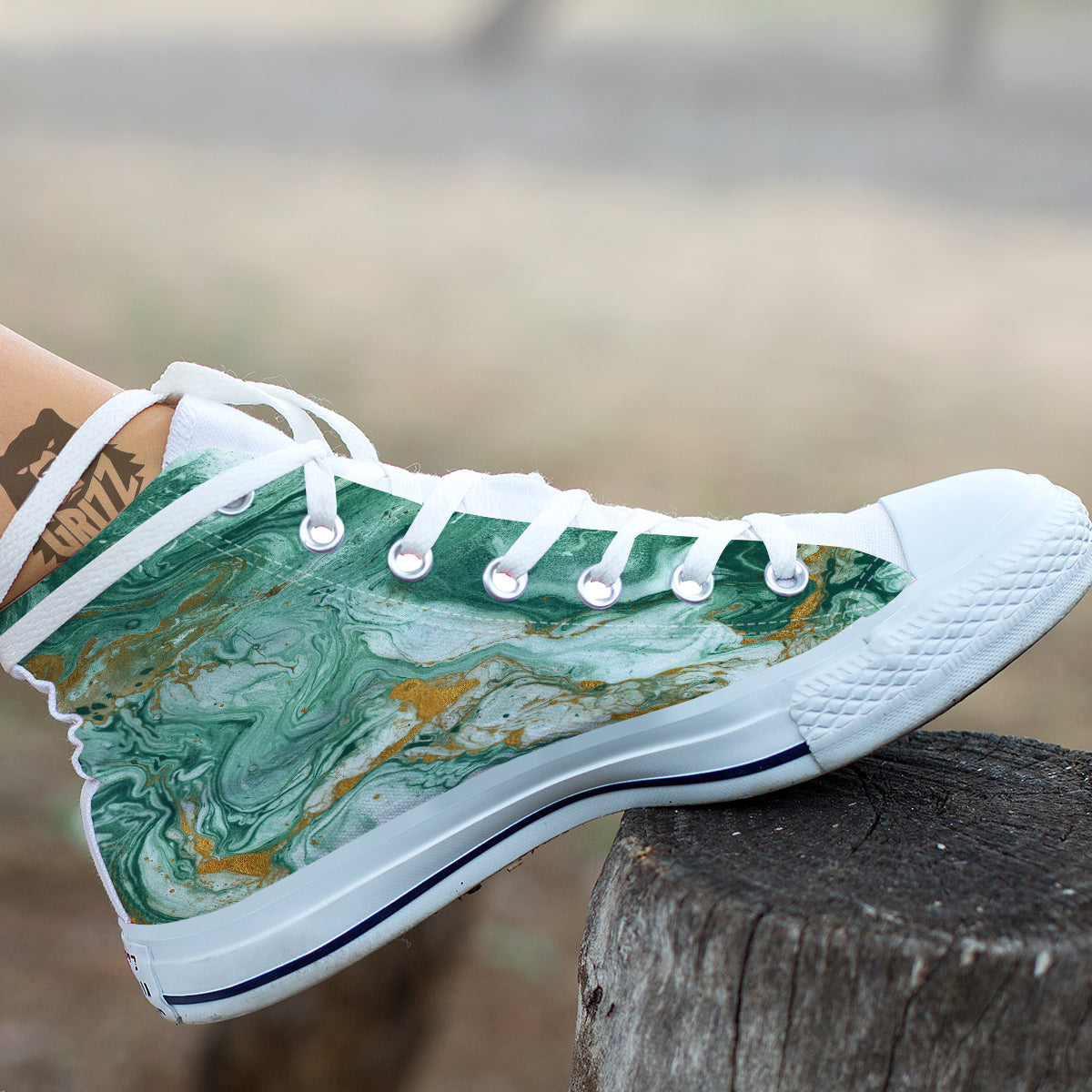 Golden And Green Marble Textue Print White High Top Shoes-grizzshop