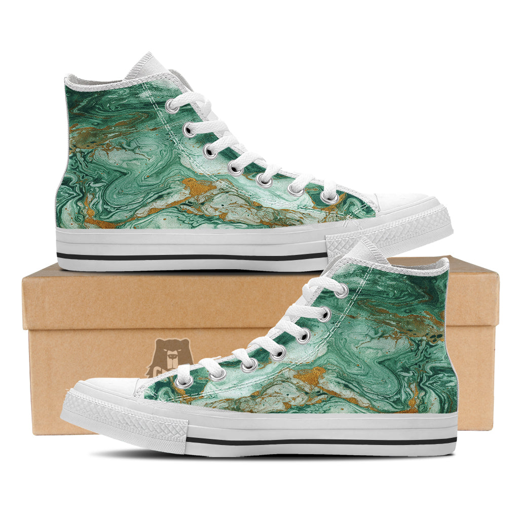 Golden And Green Marble Textue Print White High Top Shoes-grizzshop