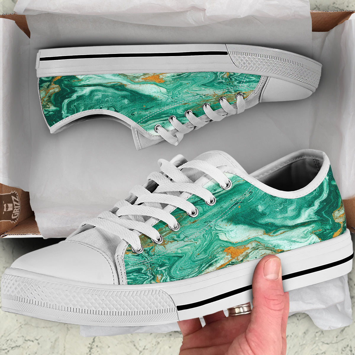 Golden And Green Marble Textue Print White Low Top Shoes-grizzshop