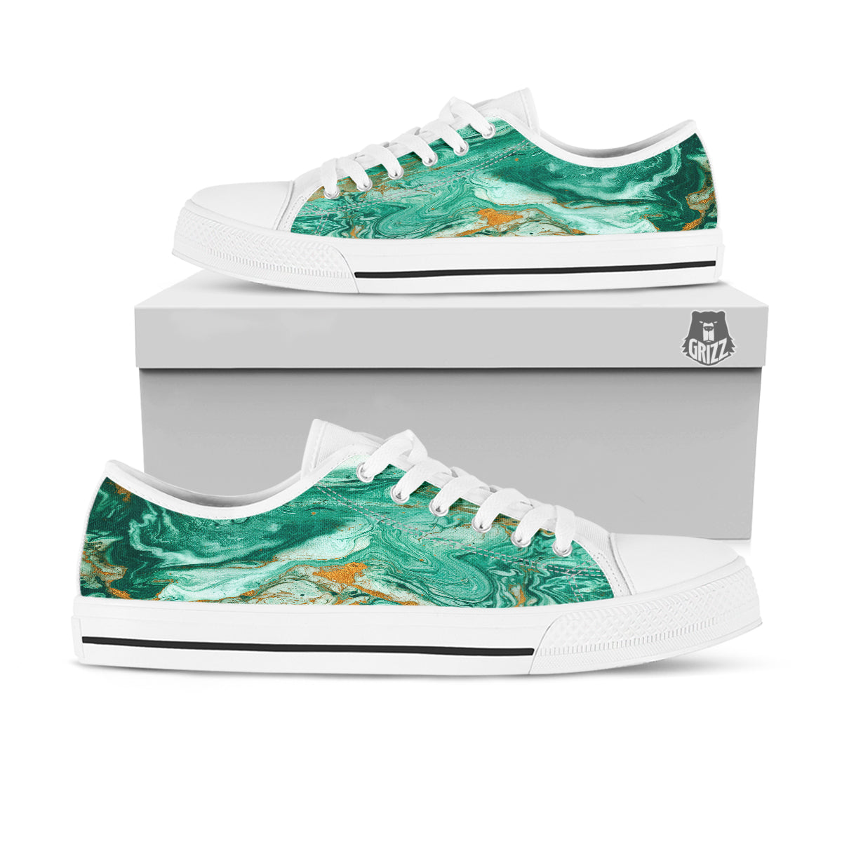 Golden And Green Marble Textue Print White Low Top Shoes-grizzshop