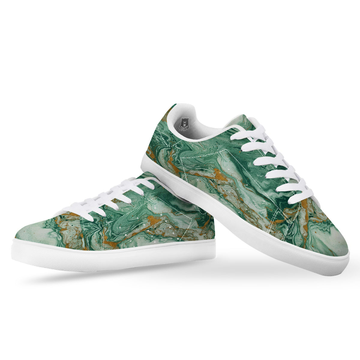Golden And Green Marble Textue Print White Low Top Sneakers-grizzshop