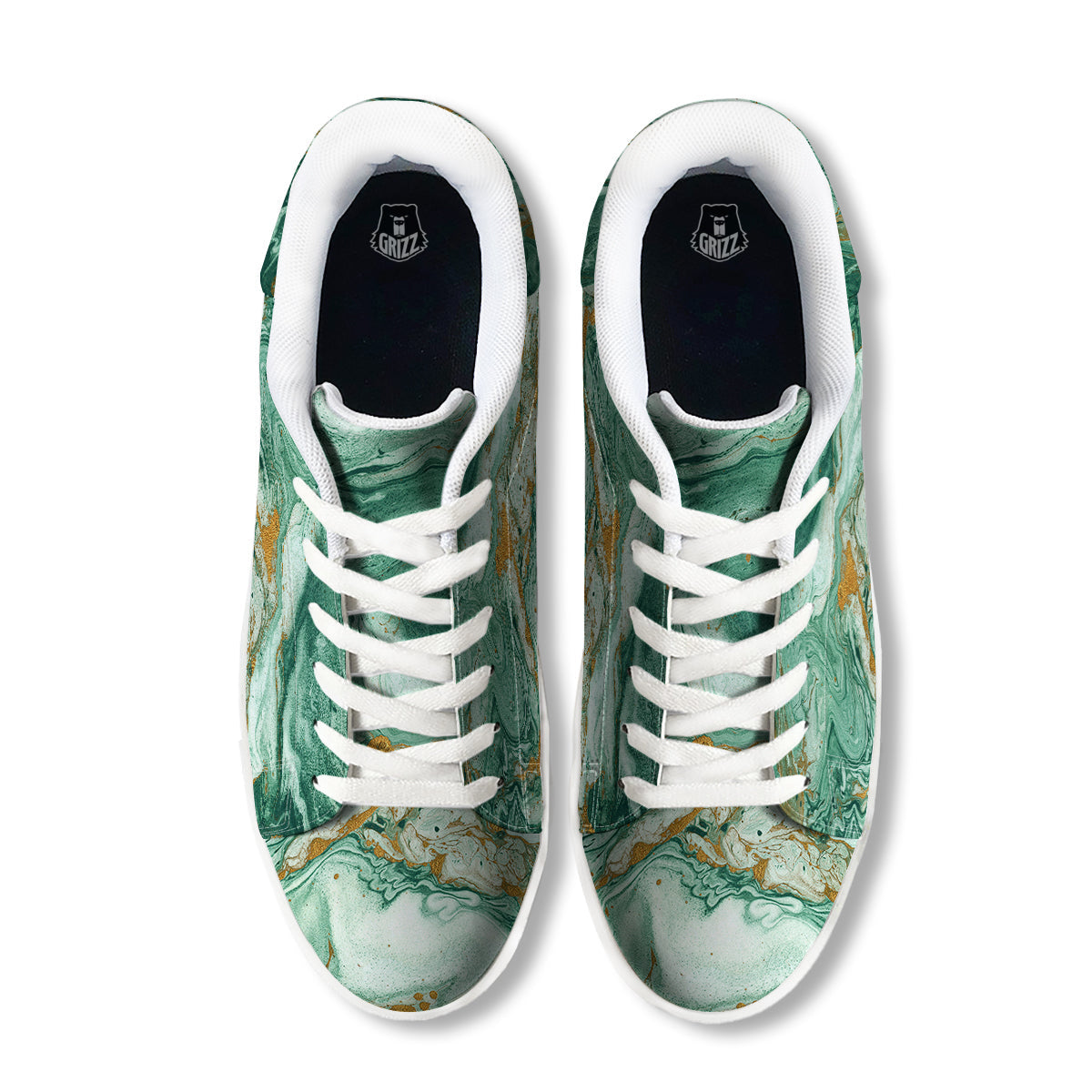 Golden And Green Marble Textue Print White Low Top Sneakers-grizzshop