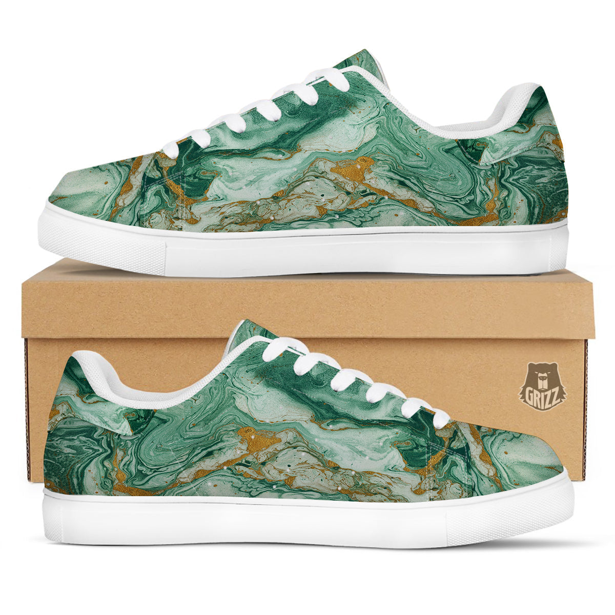 Golden And Green Marble Textue Print White Low Top Sneakers-grizzshop