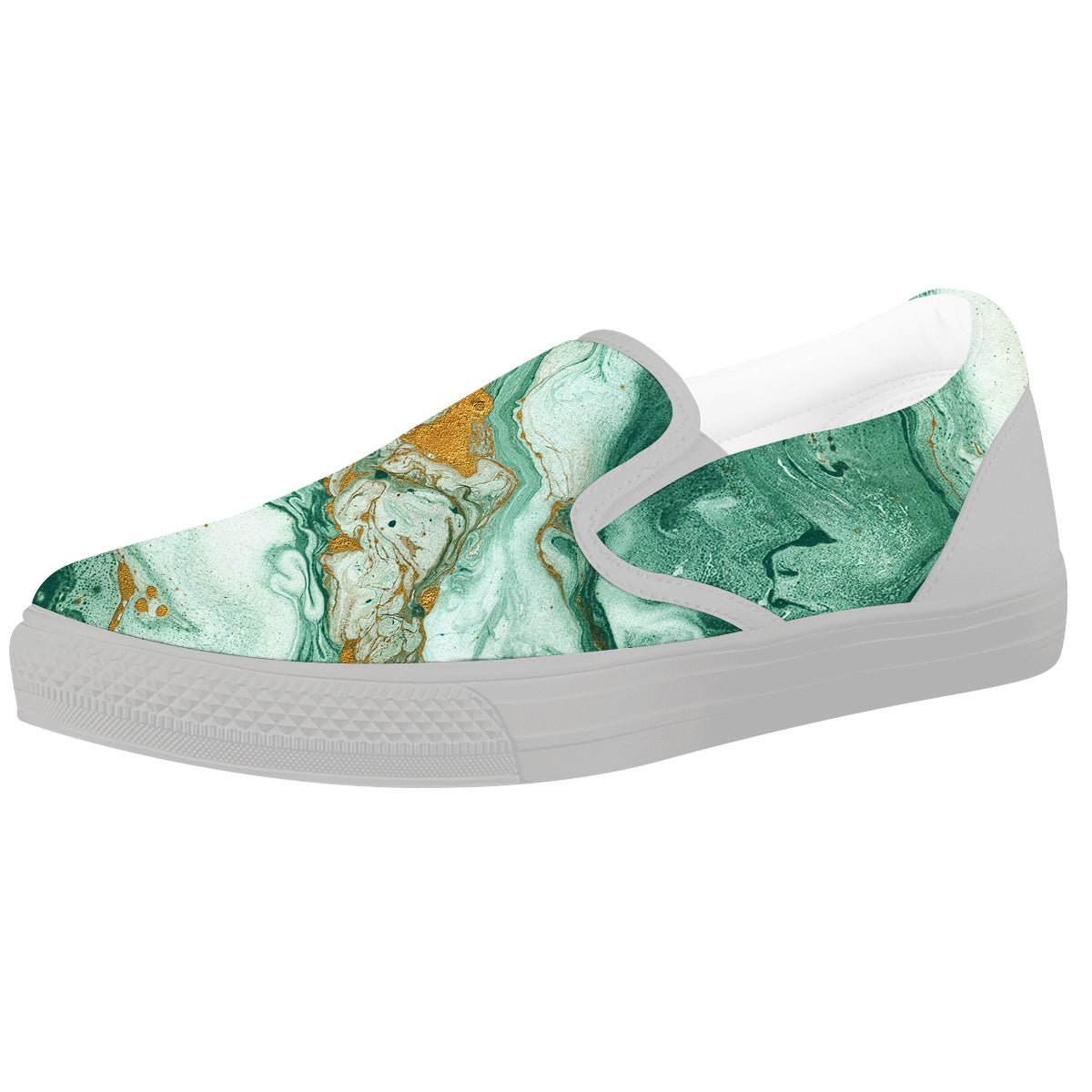 Golden And Green Marble Textue Print White Slip On Shoes-grizzshop