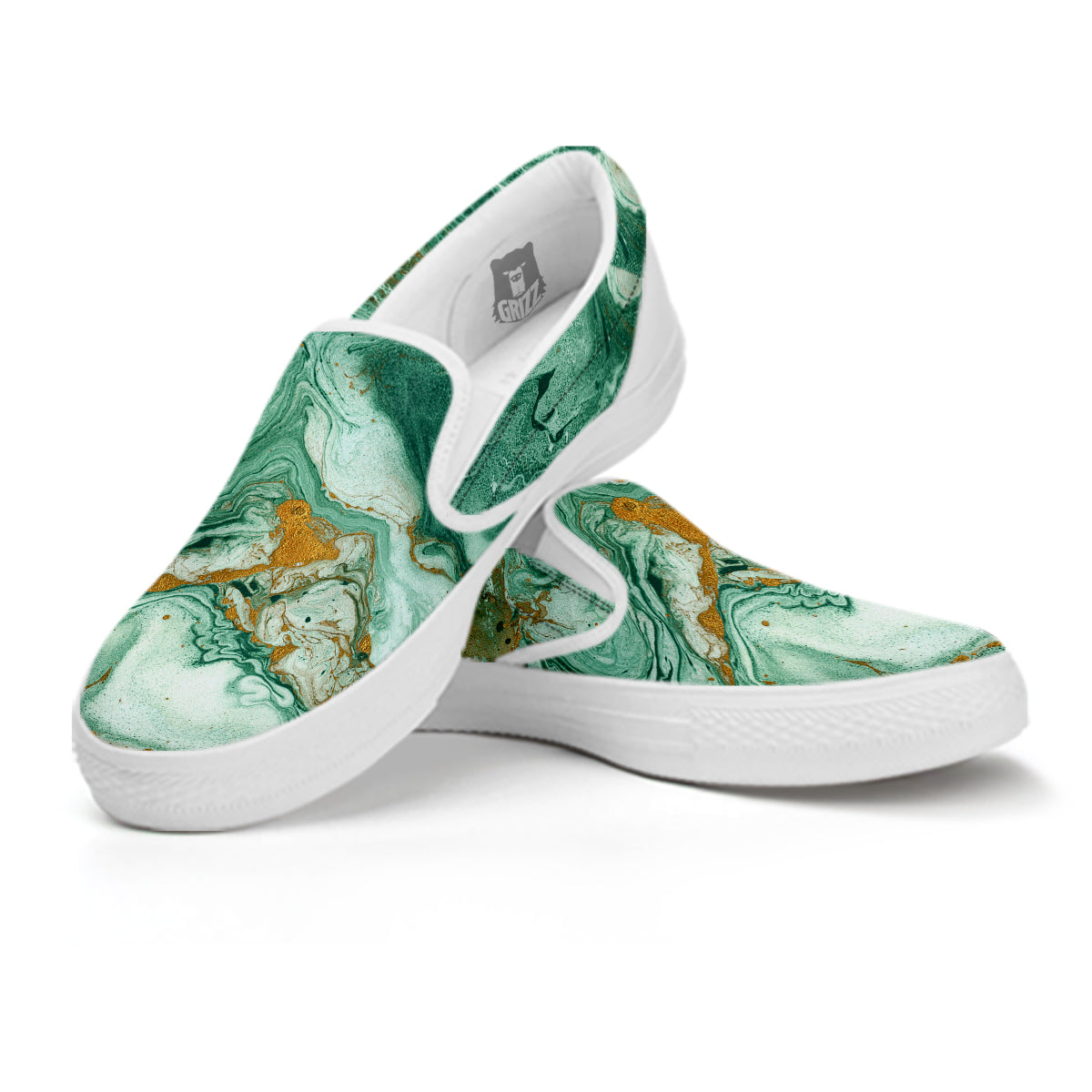 Golden And Green Marble Textue Print White Slip On Shoes-grizzshop