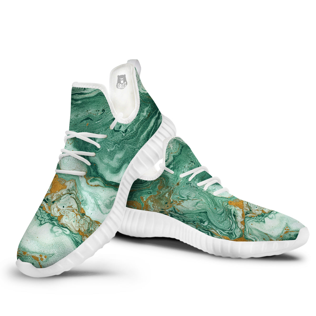 Golden And Green Marble Textue Print White Walking Shoes-grizzshop