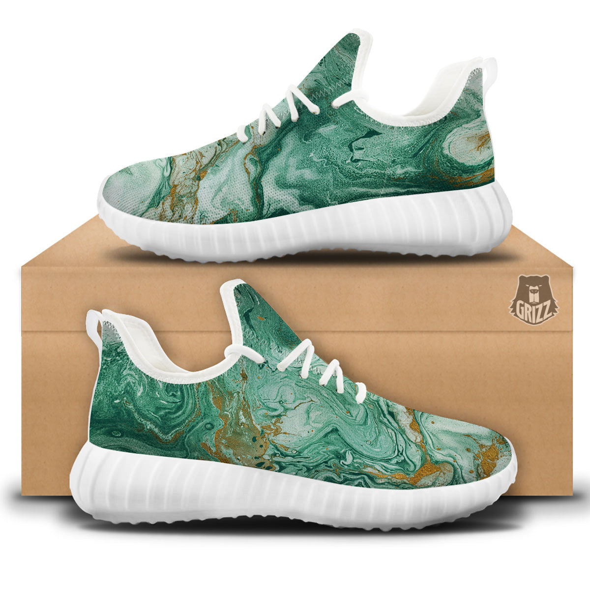 Golden And Green Marble Textue Print White Walking Shoes-grizzshop