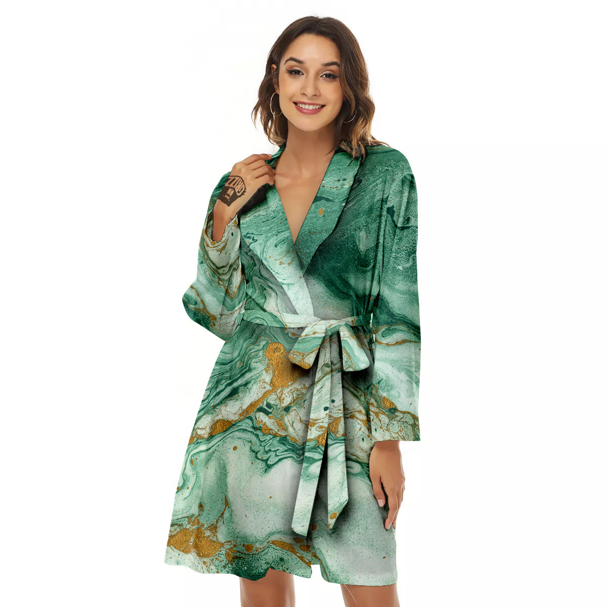 Golden And Green Marble Textue Print Women's Robe-grizzshop