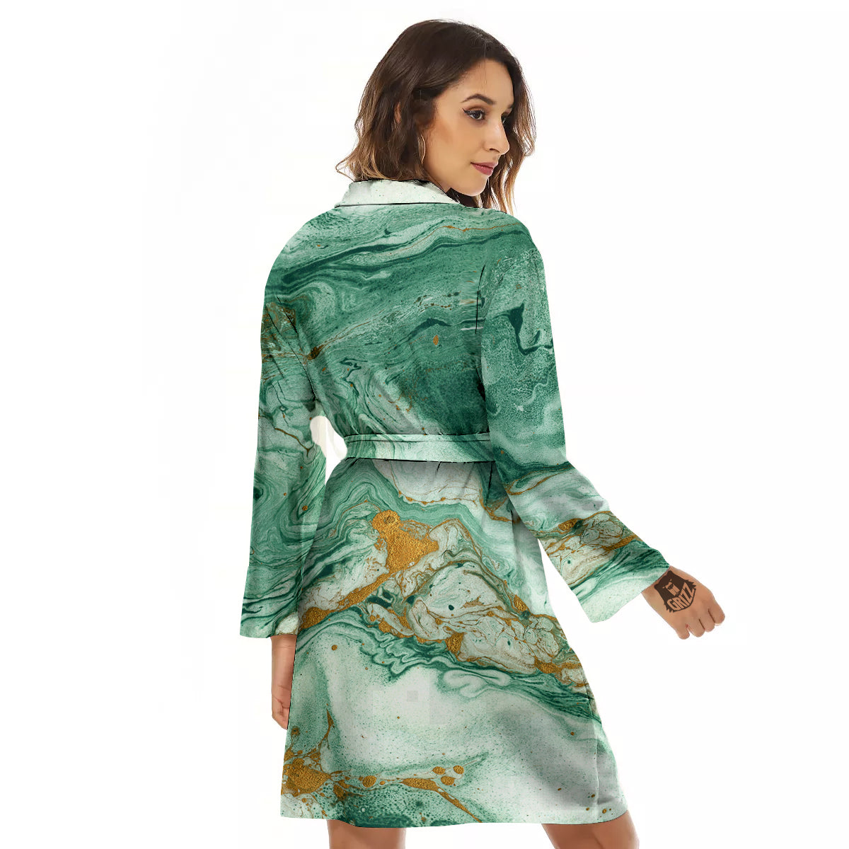 Golden And Green Marble Textue Print Women's Robe-grizzshop