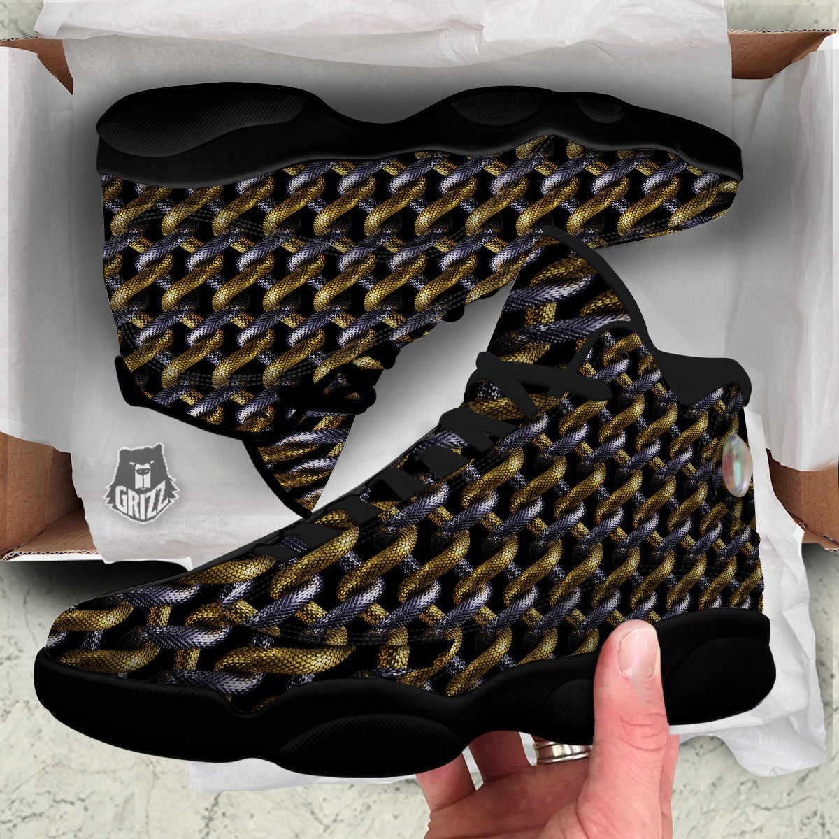 Golden And Silver Snakes 3D Print Pattern Black Basketball Shoes-grizzshop
