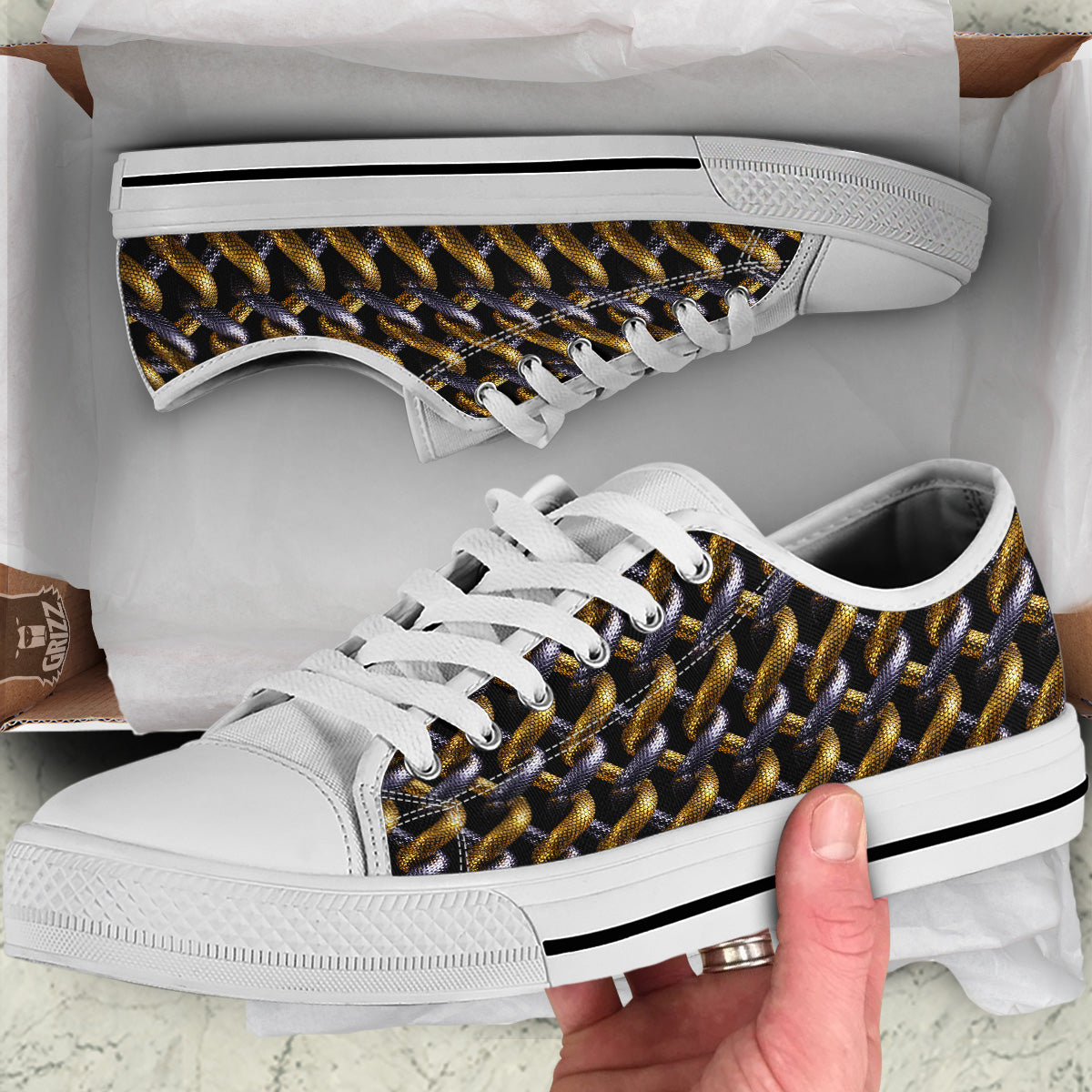 Golden And Silver Snakes 3D Print Pattern White Low Top Shoes-grizzshop