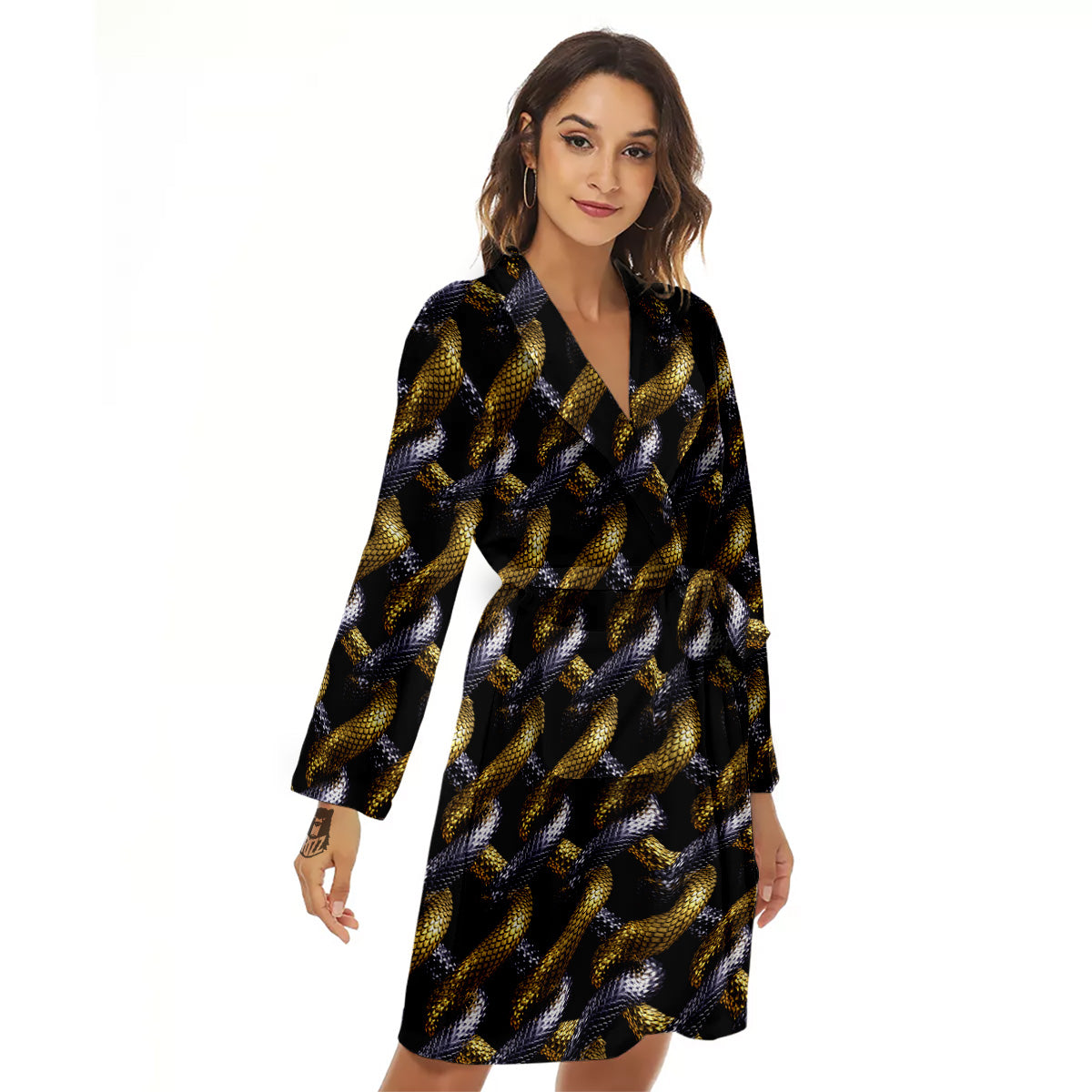 Golden And Silver Snakes 3D Print Pattern Women's Robe-grizzshop
