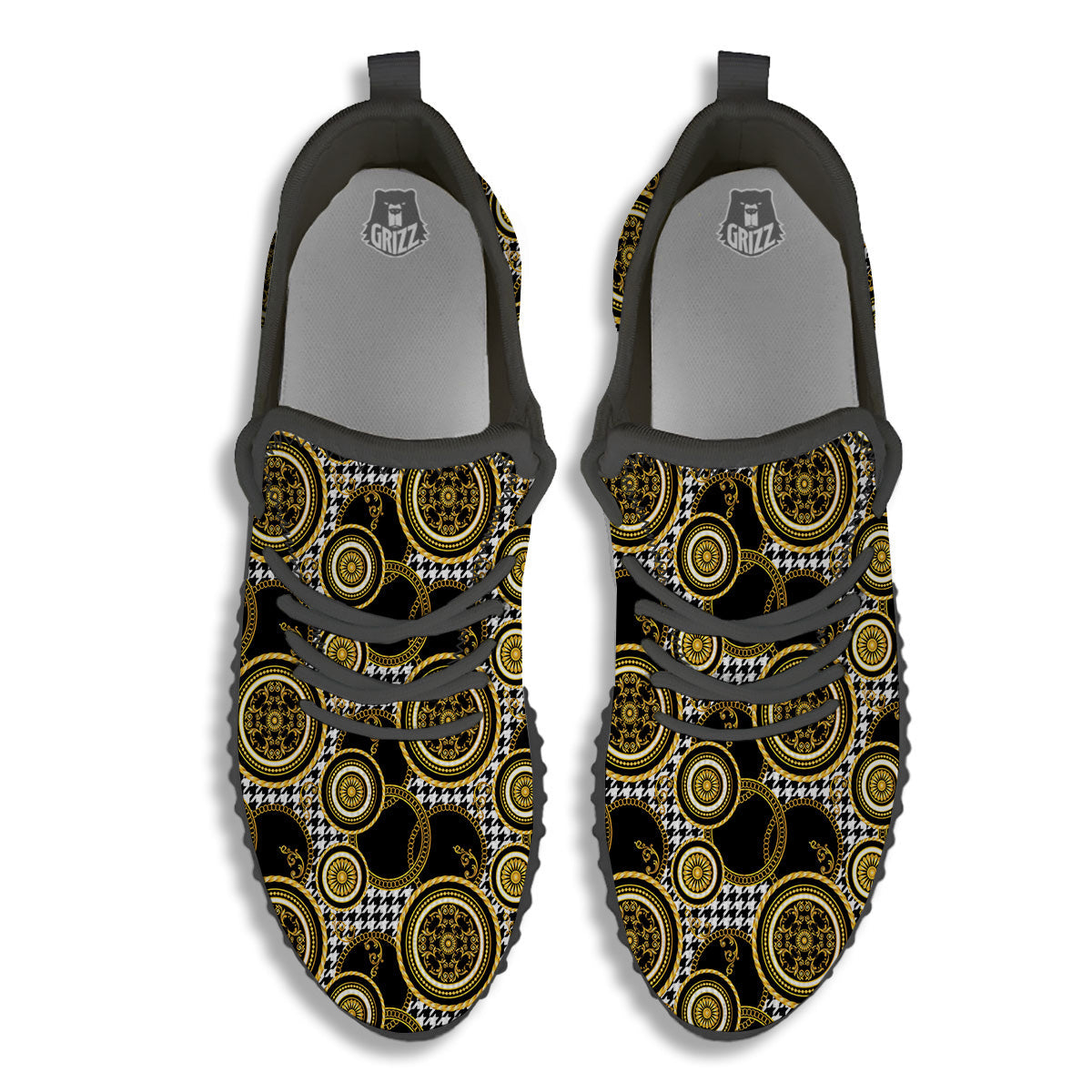 Golden Baroque And Black Houndstooth Print Pattern Black Walking Shoes-grizzshop