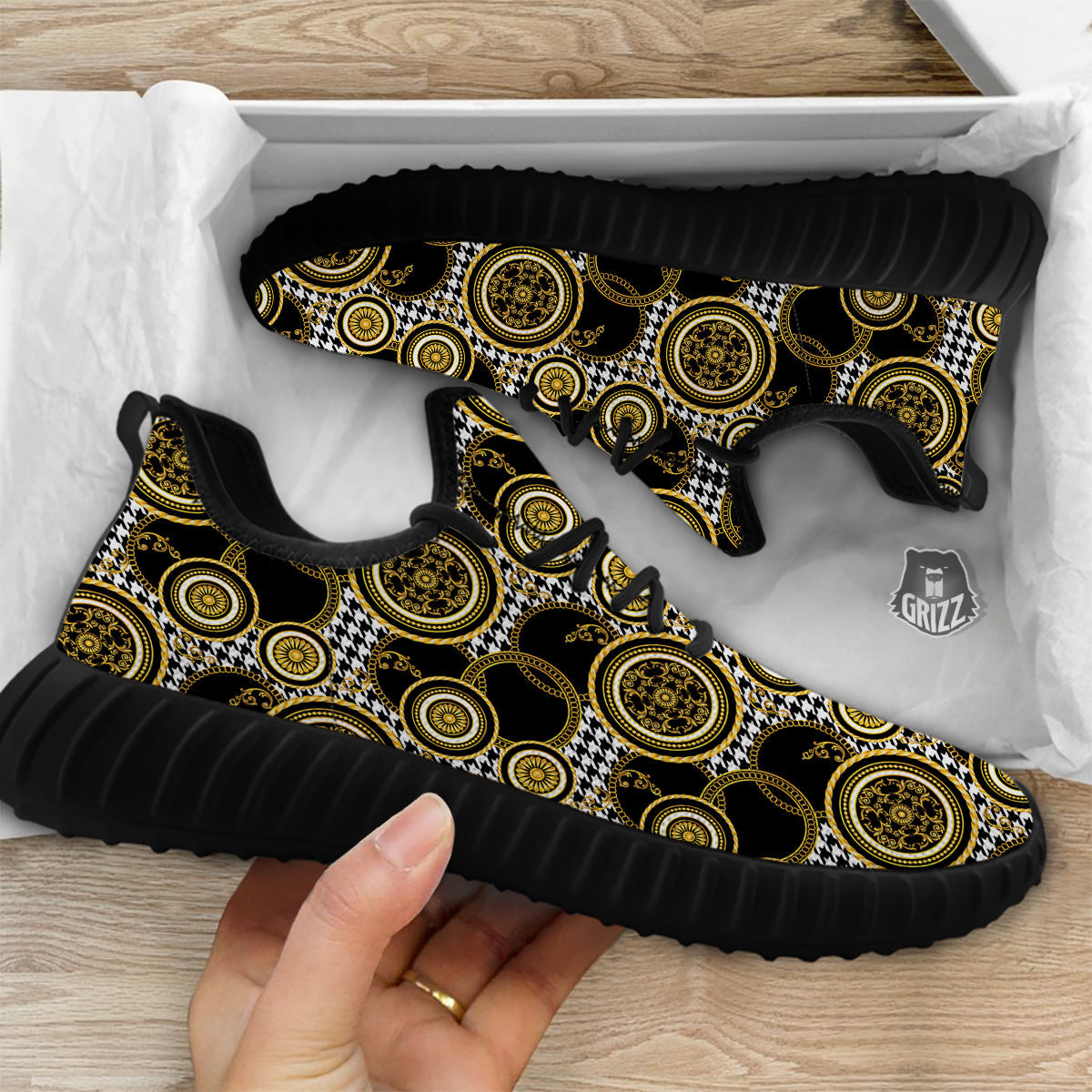 Golden Baroque And Black Houndstooth Print Pattern Black Walking Shoes-grizzshop