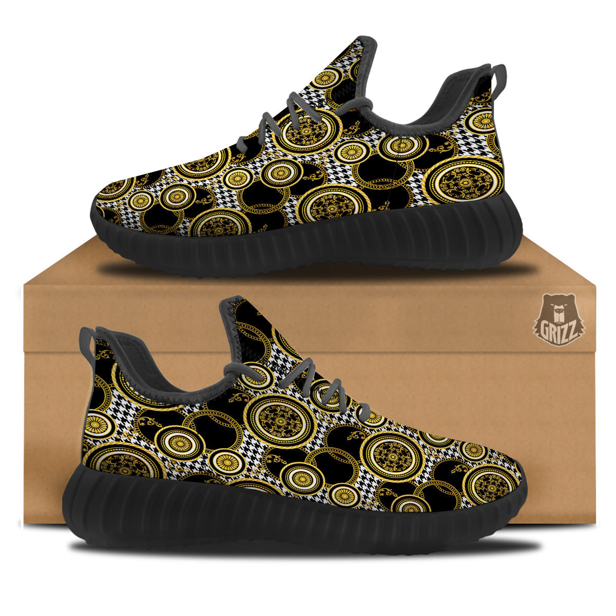 Golden Baroque And Black Houndstooth Print Pattern Black Walking Shoes-grizzshop