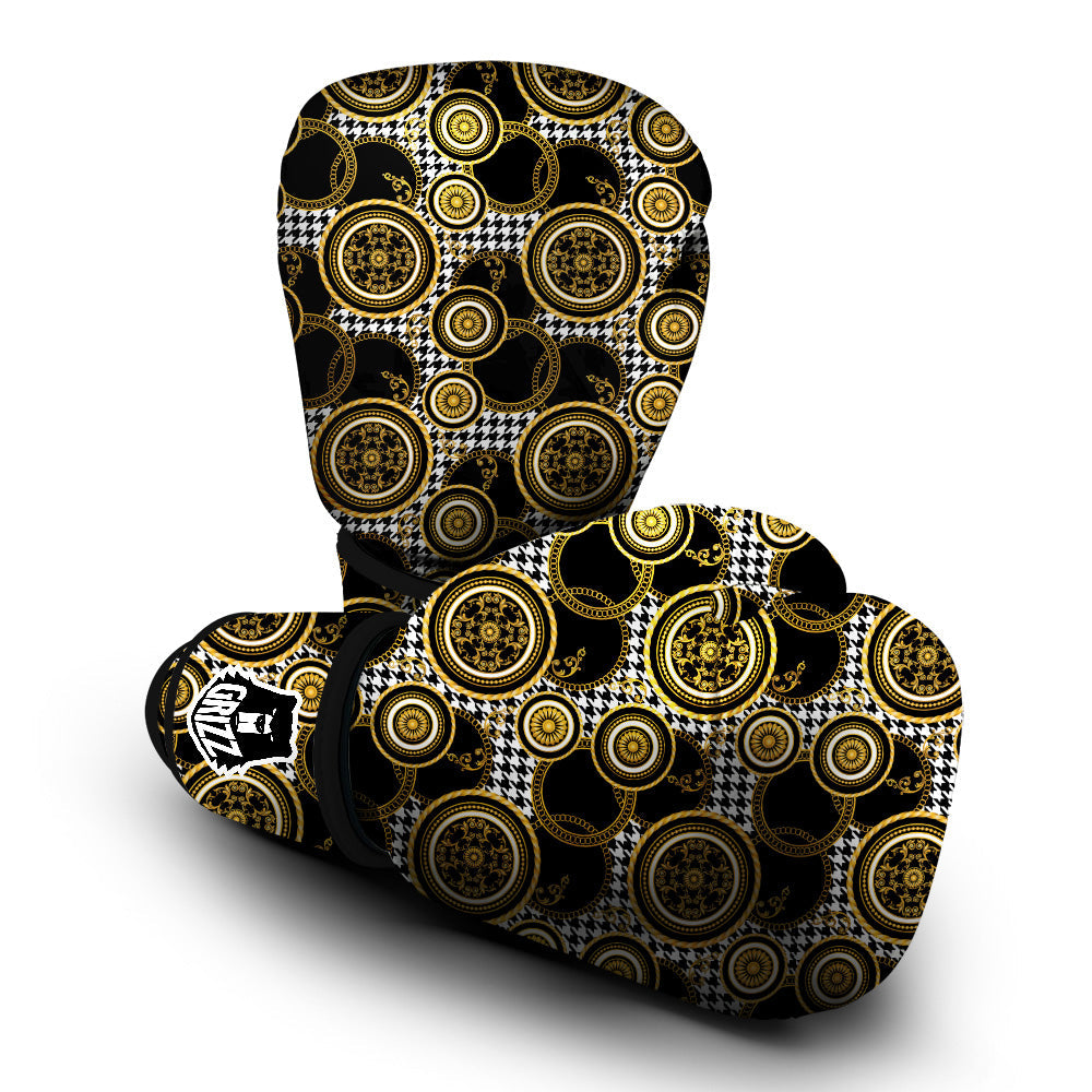 Golden Baroque And Black Houndstooth Print Pattern Boxing Gloves-grizzshop