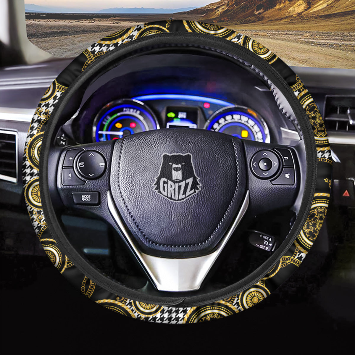Golden Baroque And Black Houndstooth Print Pattern Car Steering Wheel Cover-grizzshop