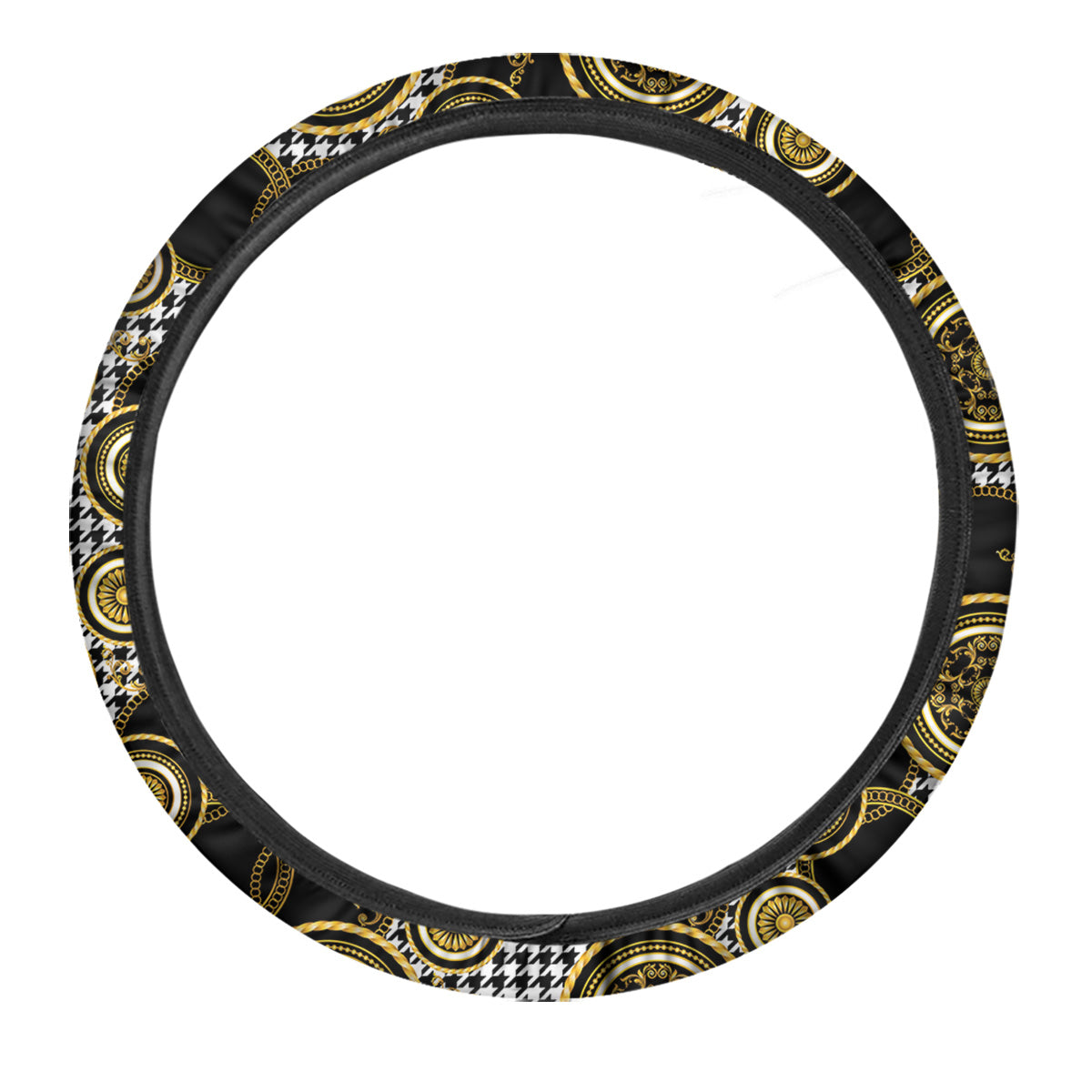 Golden Baroque And Black Houndstooth Print Pattern Car Steering Wheel Cover-grizzshop