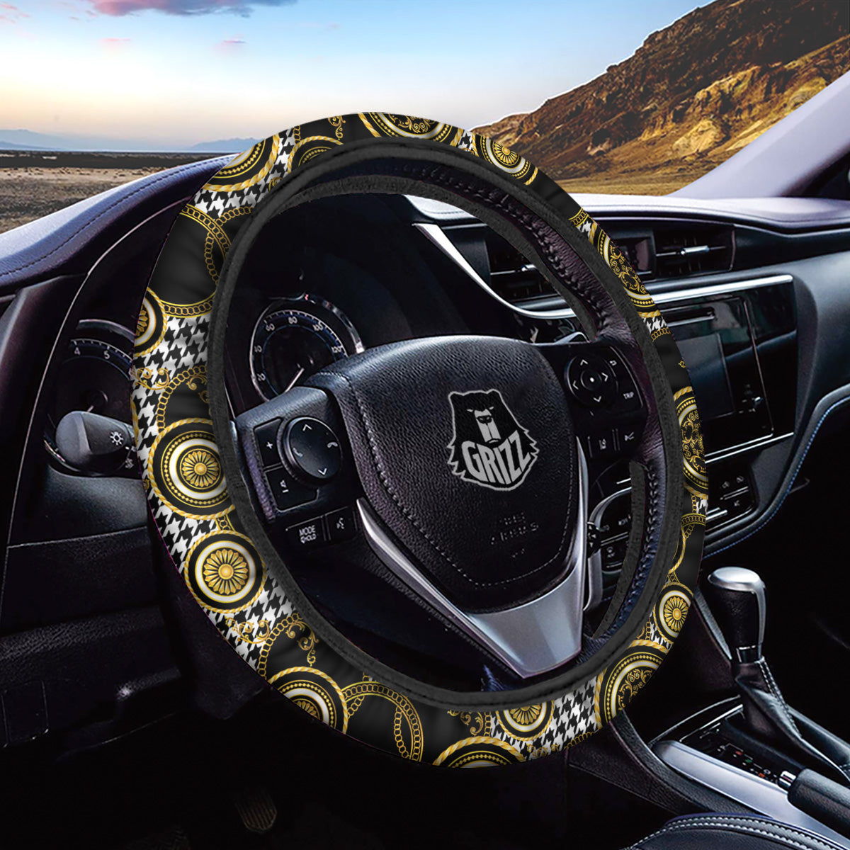 Golden Baroque And Black Houndstooth Print Pattern Car Steering Wheel Cover-grizzshop