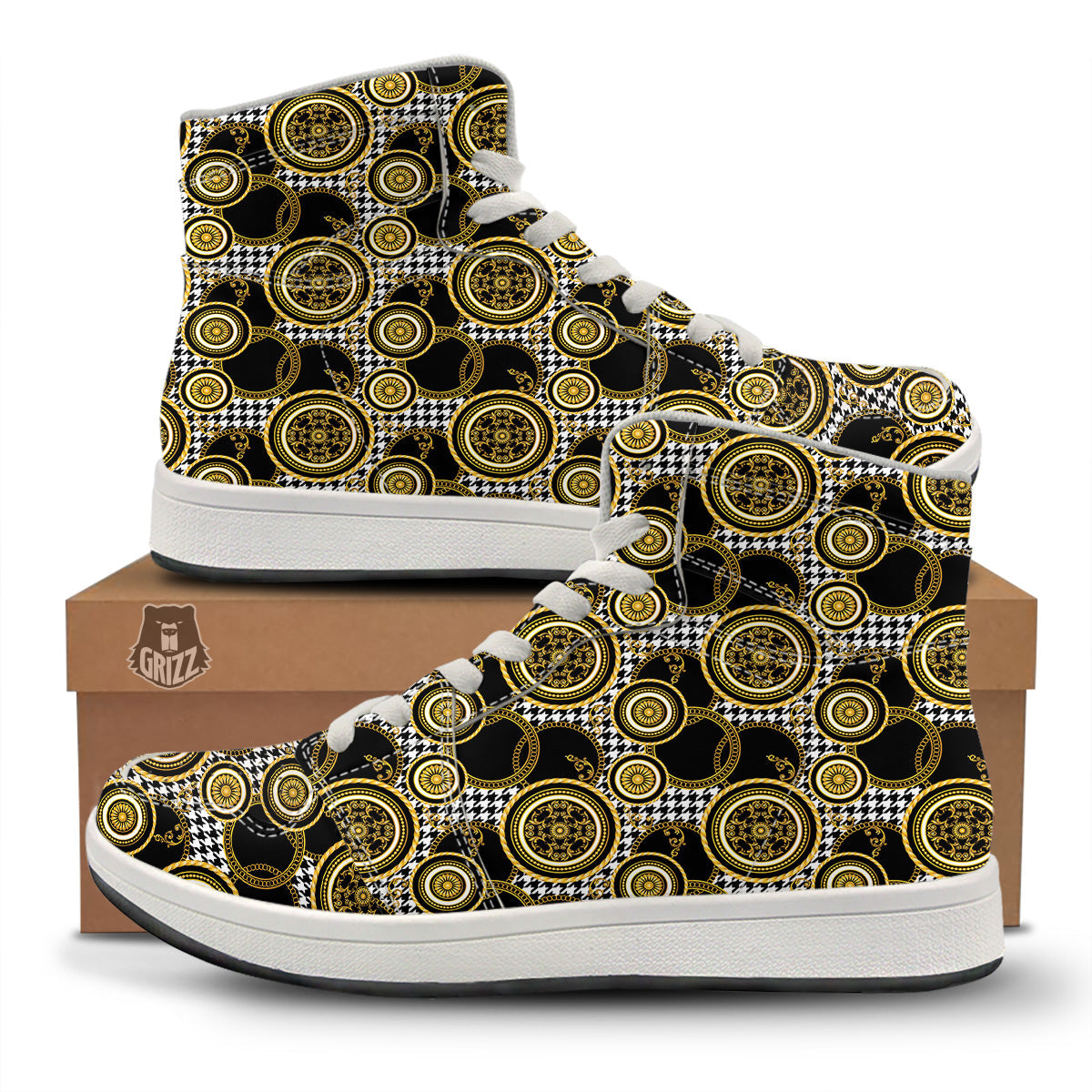 Golden Baroque And Black Houndstooth Print Pattern High Top Sneakers-grizzshop