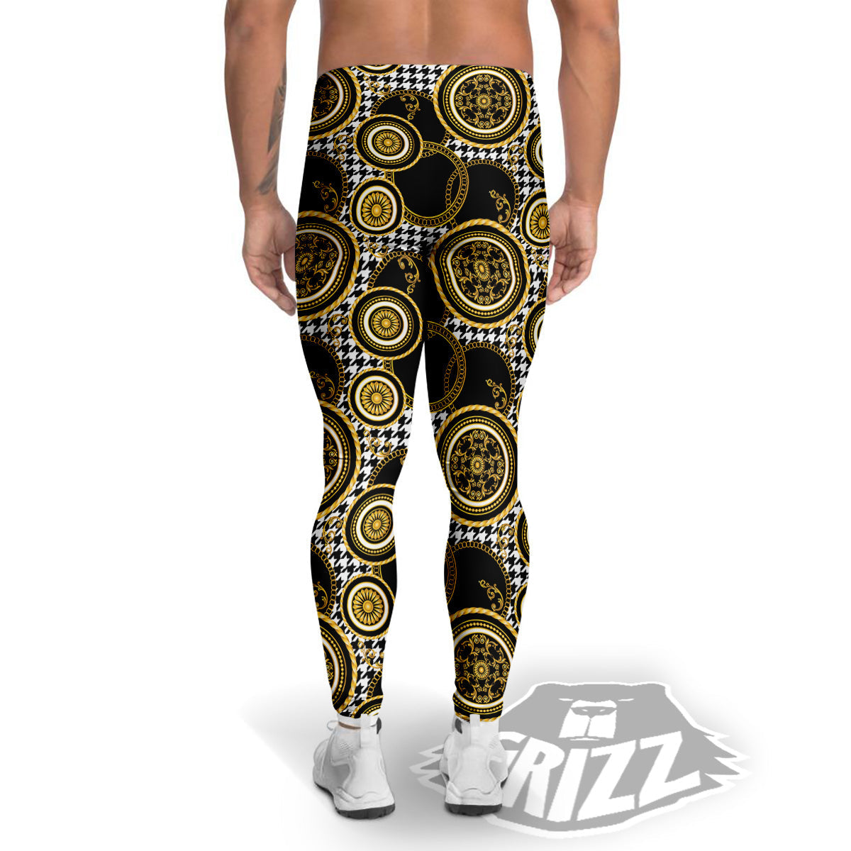 Golden Baroque And Black Houndstooth Print Pattern Men's Leggings-grizzshop