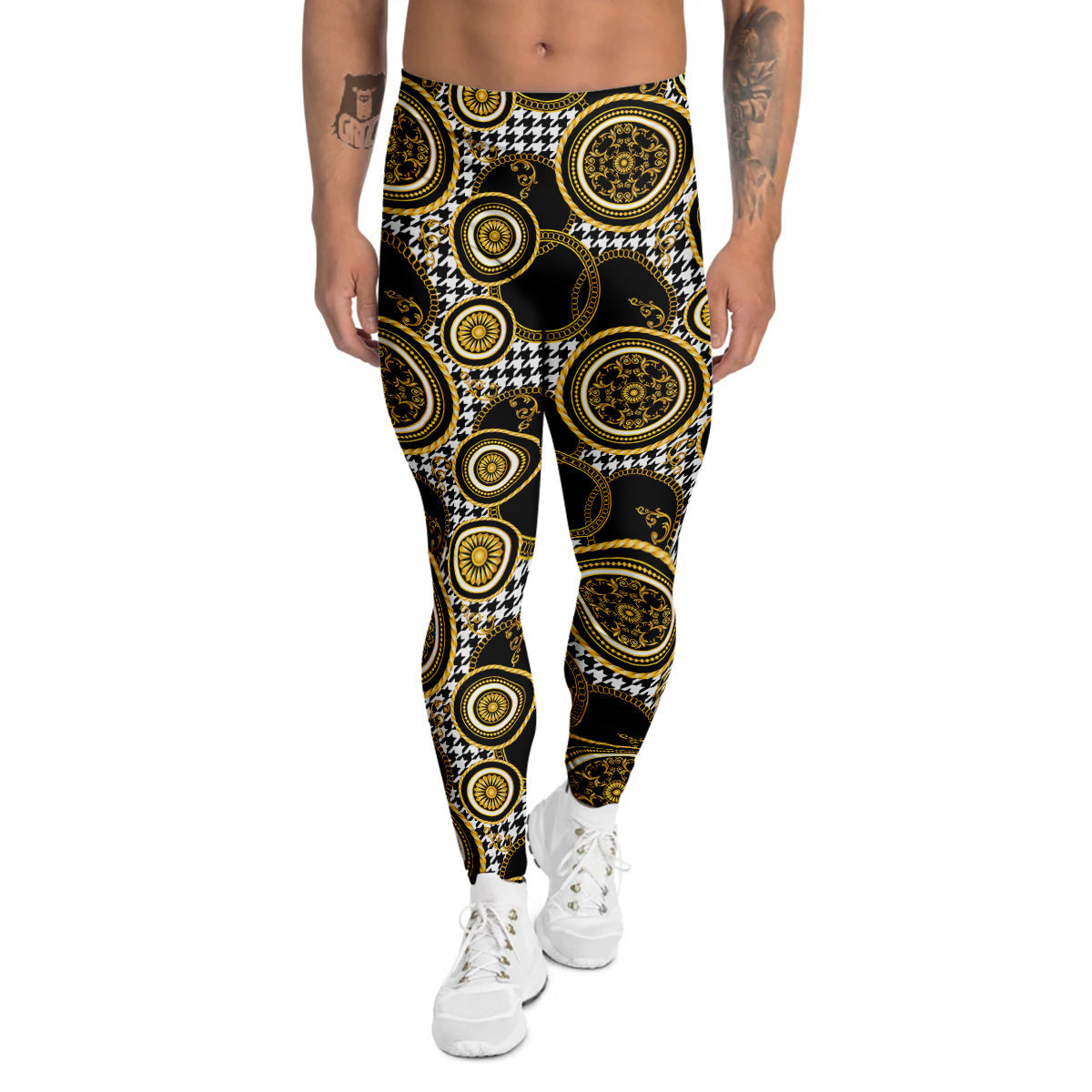 Golden Baroque And Black Houndstooth Print Pattern Men's Leggings-grizzshop