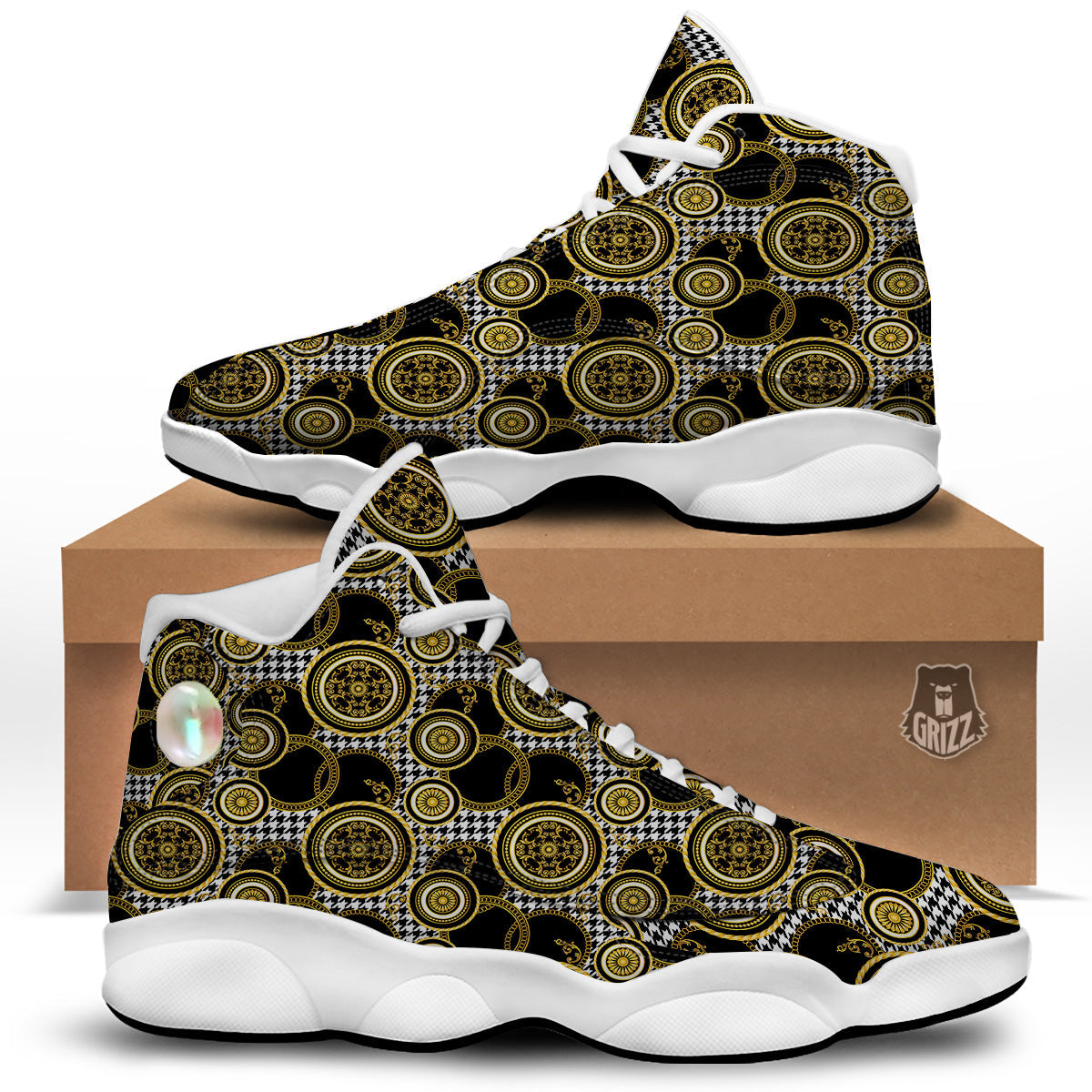 Golden Baroque And Black Houndstooth Print Pattern White Basketball Shoes-grizzshop