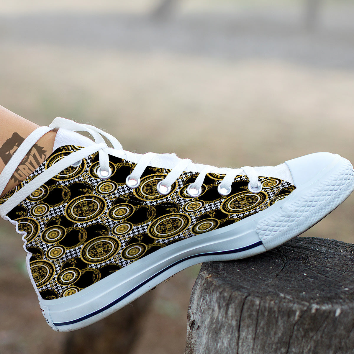 Golden Baroque And Black Houndstooth Print Pattern White High Top Shoes-grizzshop