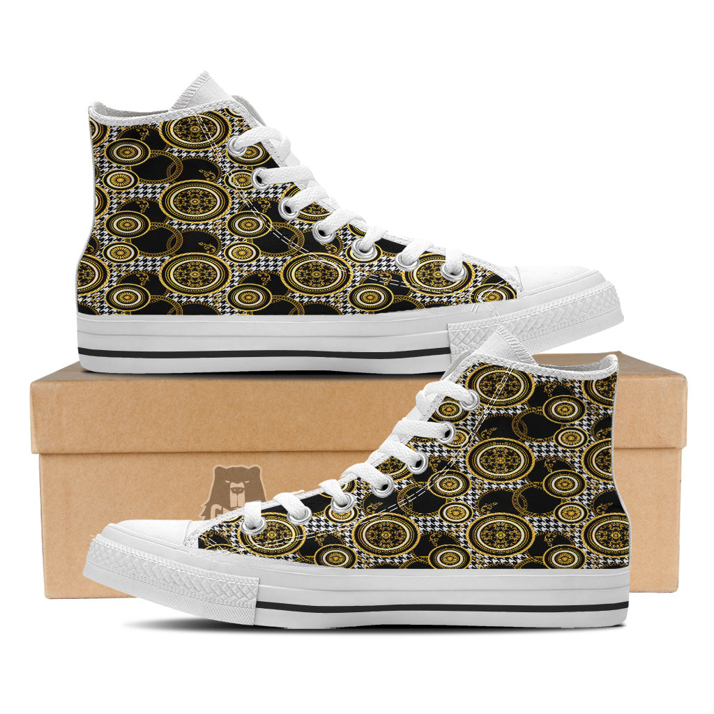 Golden Baroque And Black Houndstooth Print Pattern White High Top Shoes-grizzshop