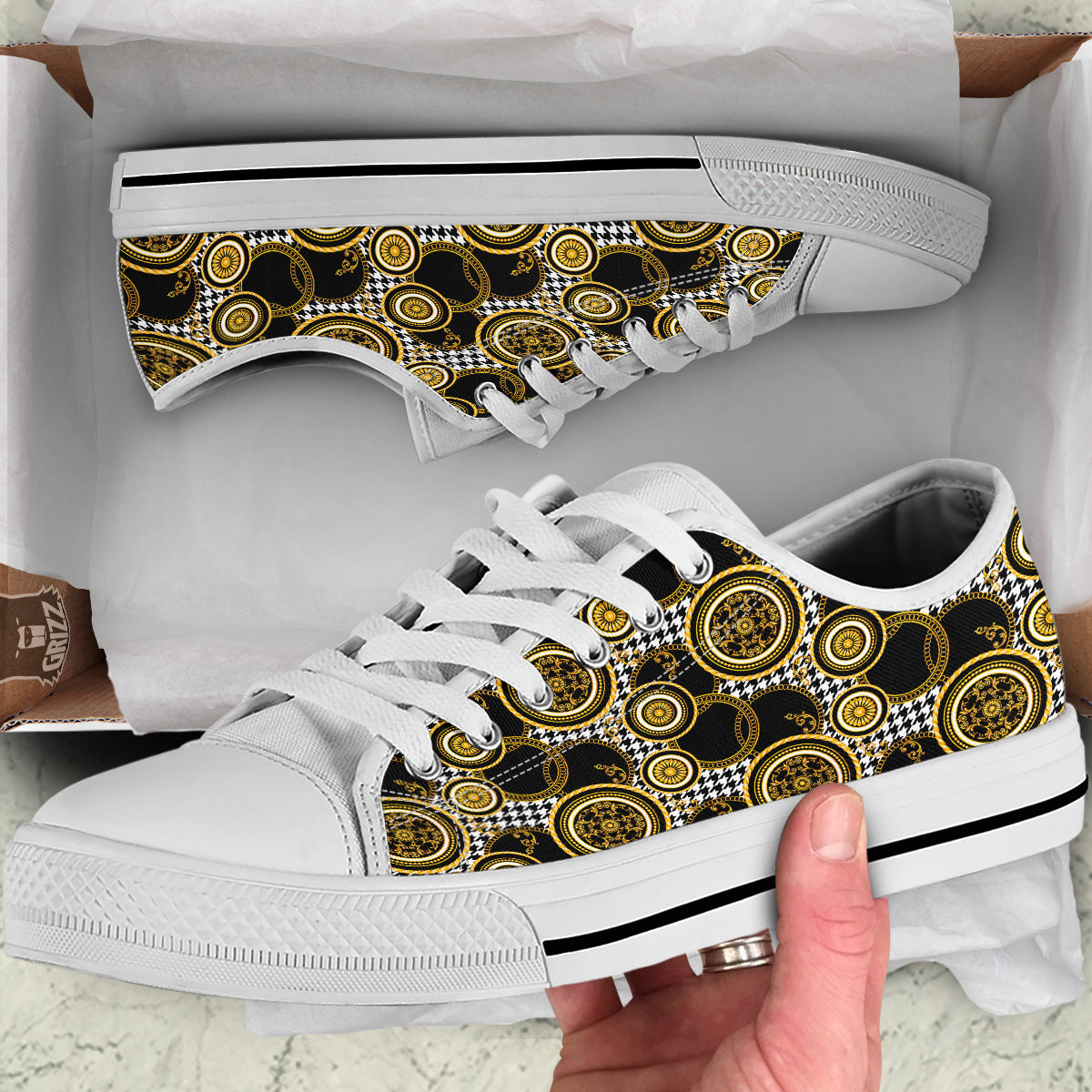 Golden Baroque And Black Houndstooth Print Pattern White Low Top Shoes-grizzshop