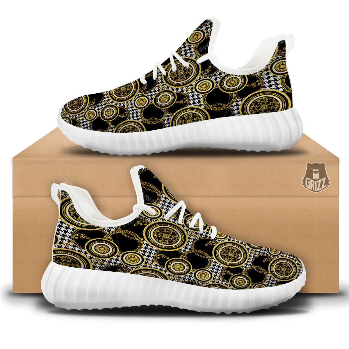 Golden Baroque And Black Houndstooth Print Pattern White Walking Shoes-grizzshop