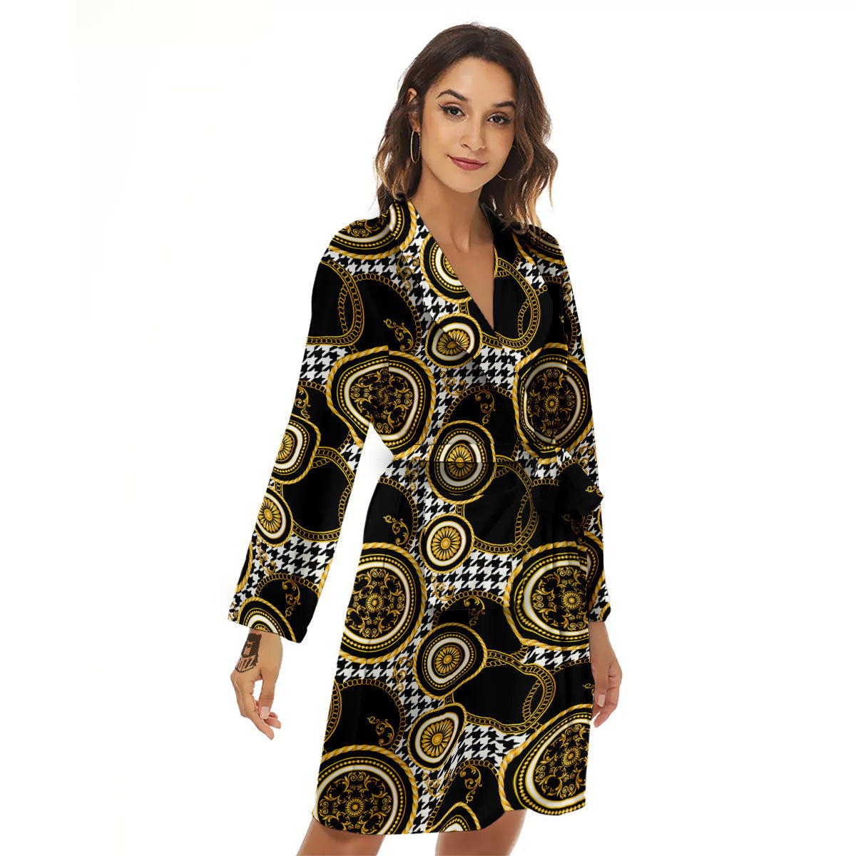 Golden Baroque And Black Houndstooth Print Pattern Women's Robe-grizzshop