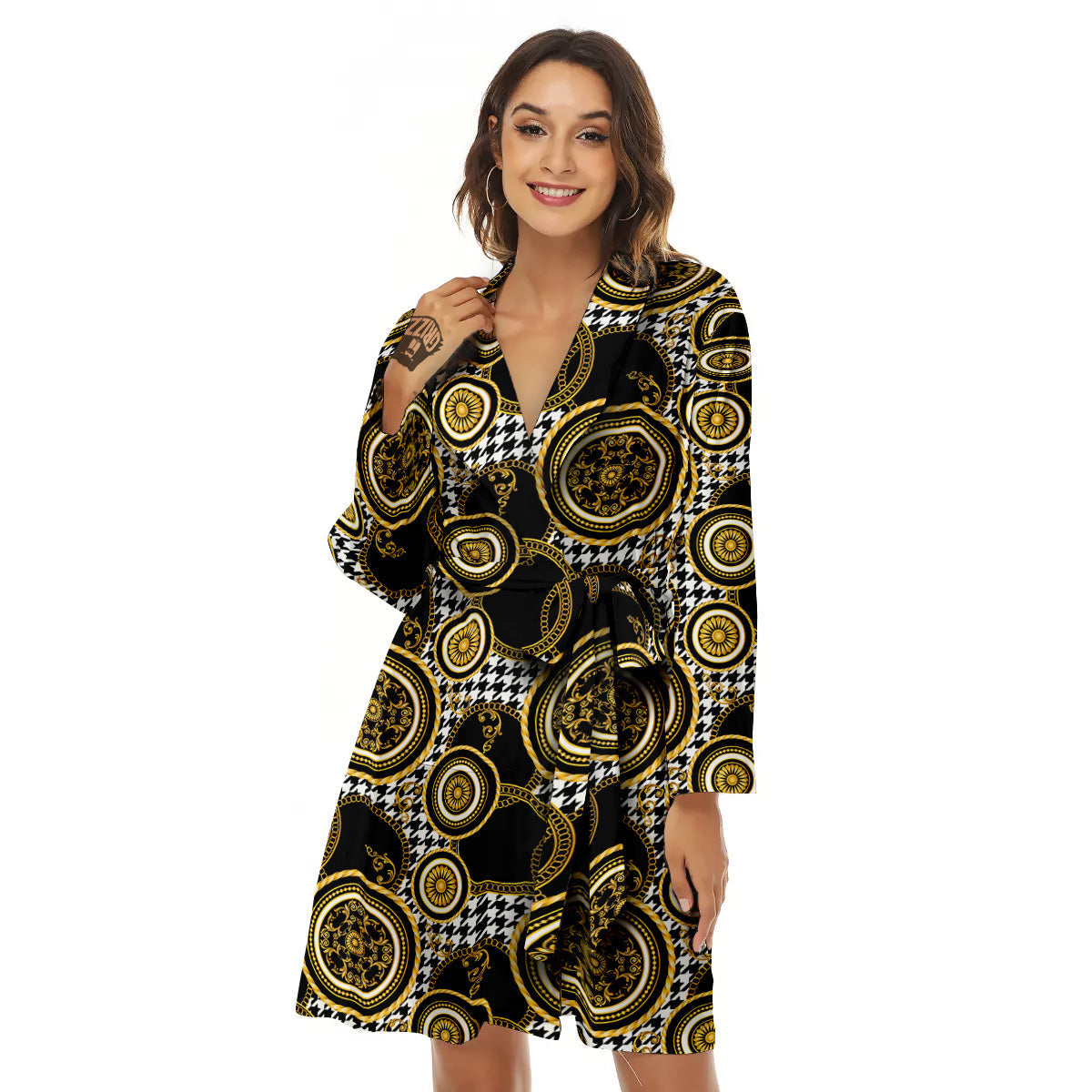 Golden Baroque And Black Houndstooth Print Pattern Women's Robe-grizzshop
