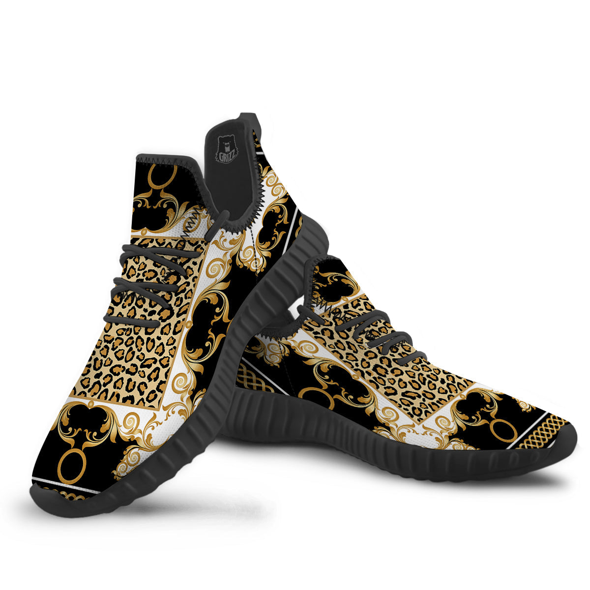 Golden Baroque And Leopard Print Black Walking Shoes-grizzshop