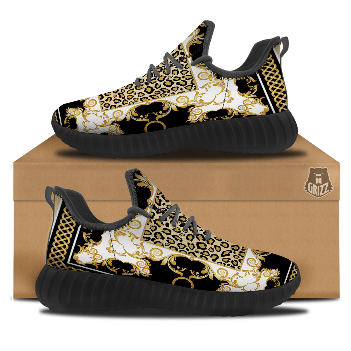 Golden Baroque And Leopard Print Black Walking Shoes-grizzshop