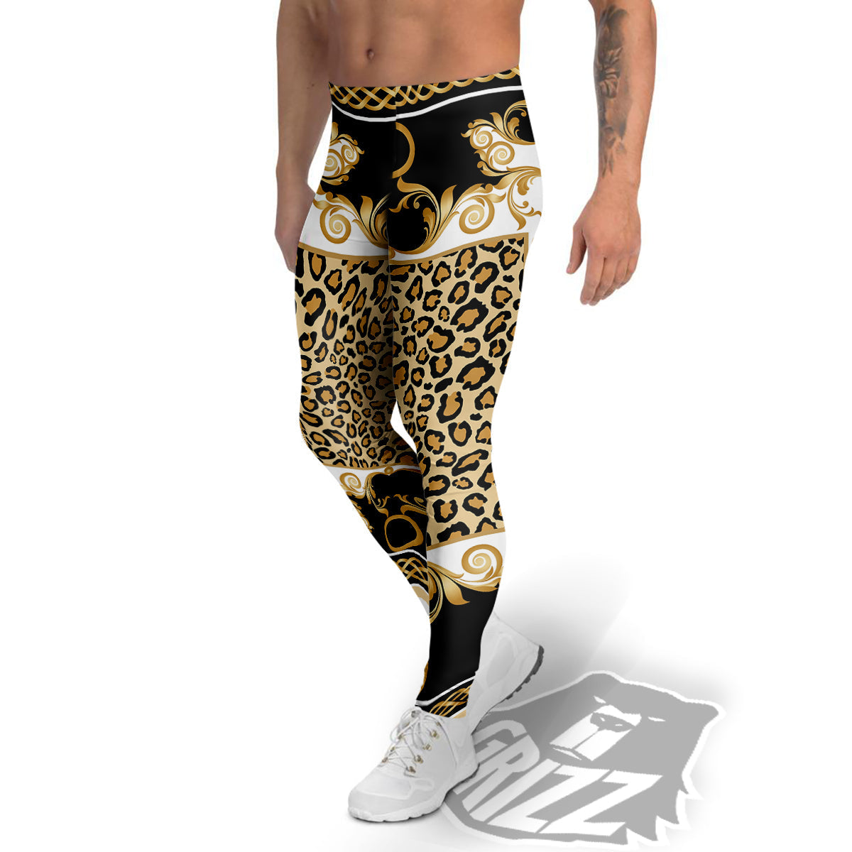 Golden Baroque And Leopard Print Men's Leggings-grizzshop