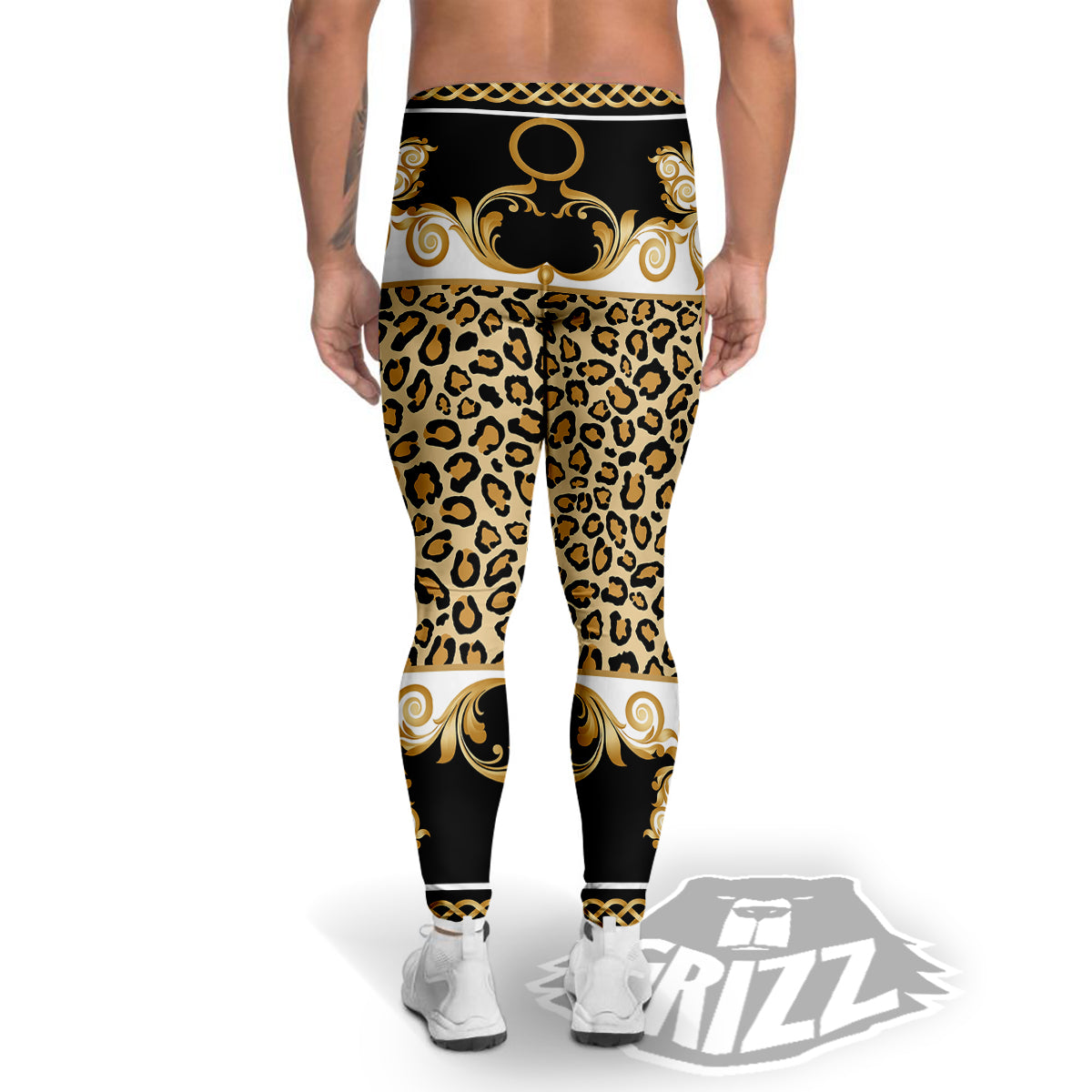 Golden Baroque And Leopard Print Men's Leggings-grizzshop