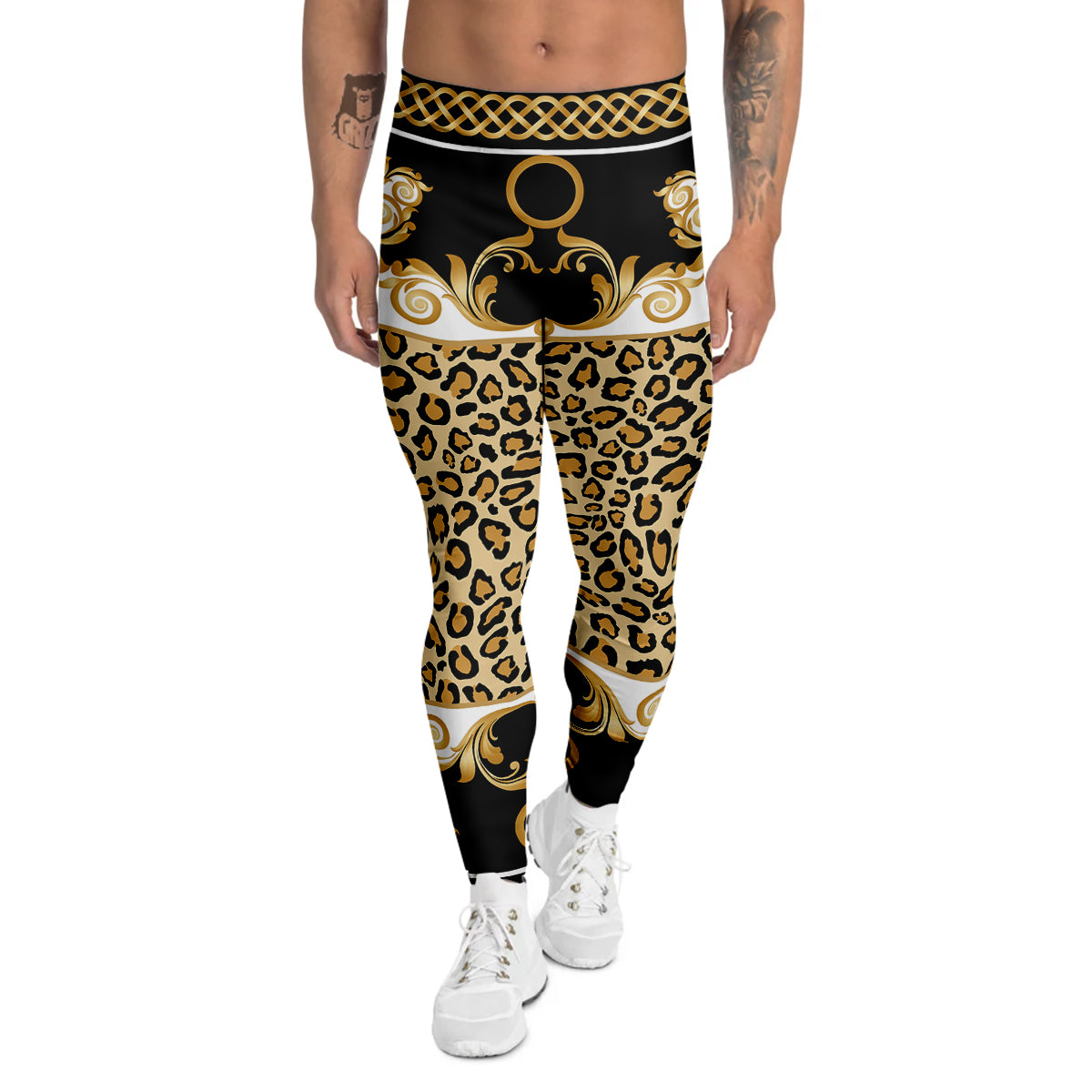 Golden Baroque And Leopard Print Men's Leggings-grizzshop