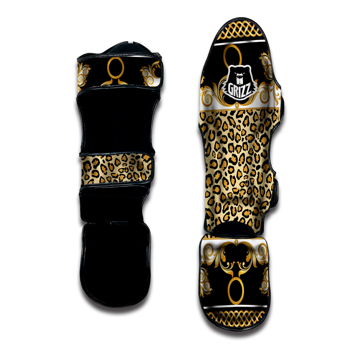 Golden Baroque And Leopard Print Muay Thai Shin Guards-grizzshop