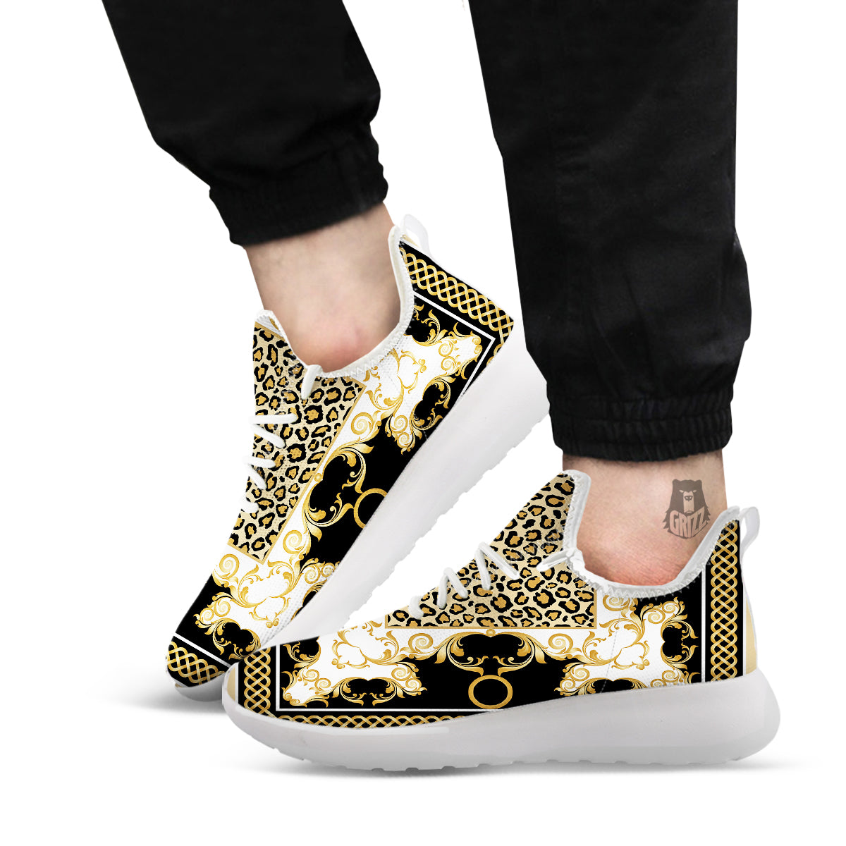 Golden Baroque And Leopard Print White Athletic Shoes-grizzshop