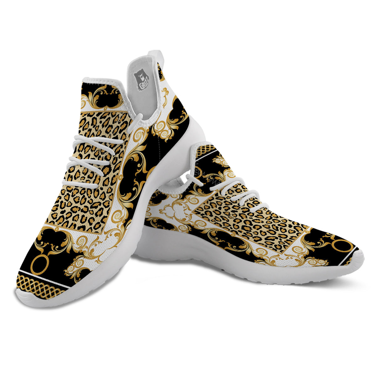 Golden Baroque And Leopard Print White Athletic Shoes-grizzshop